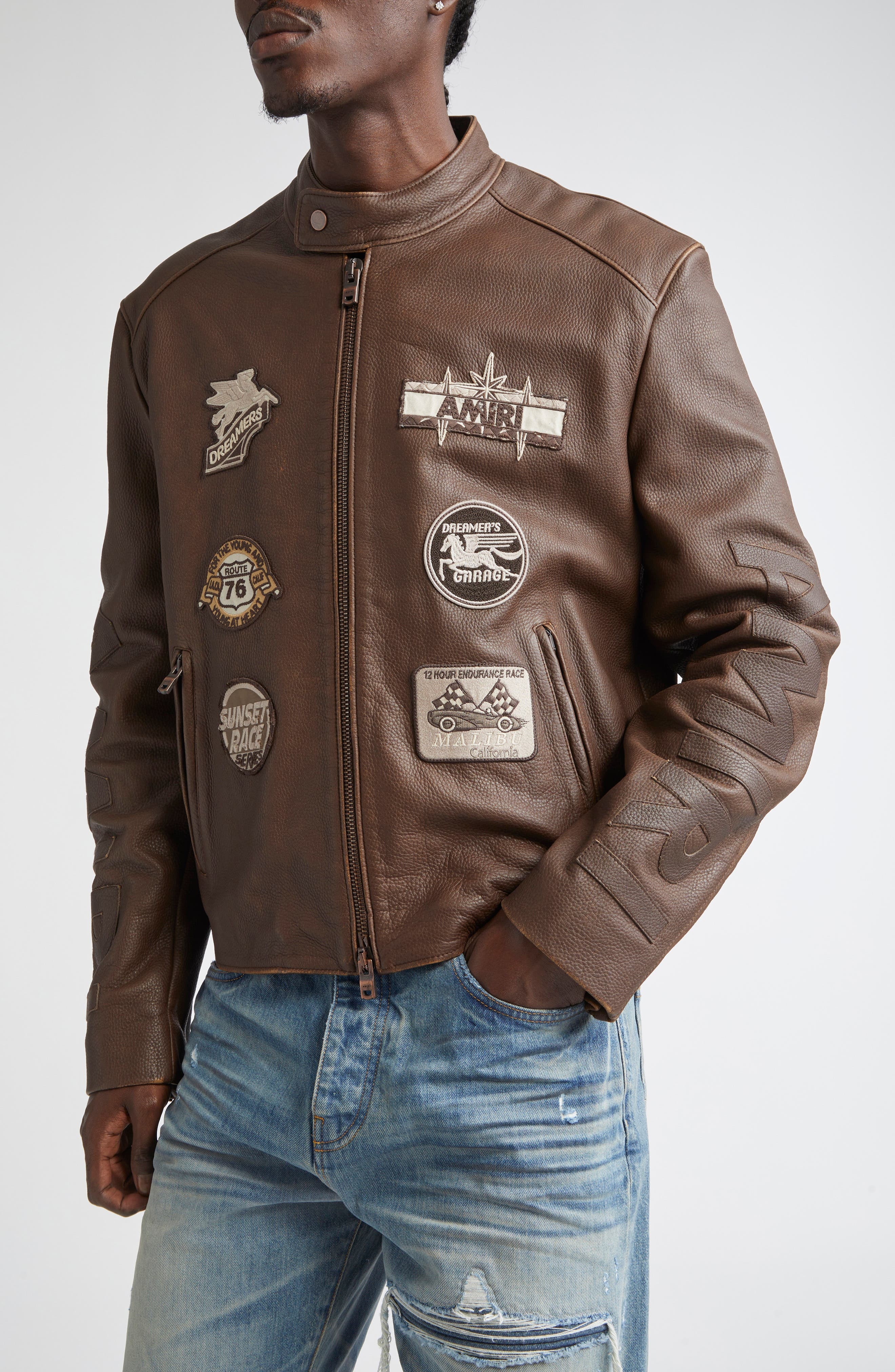 AMIRI Patch Racer Leather Jacket in Walnut Brown at Nordstrom - 5