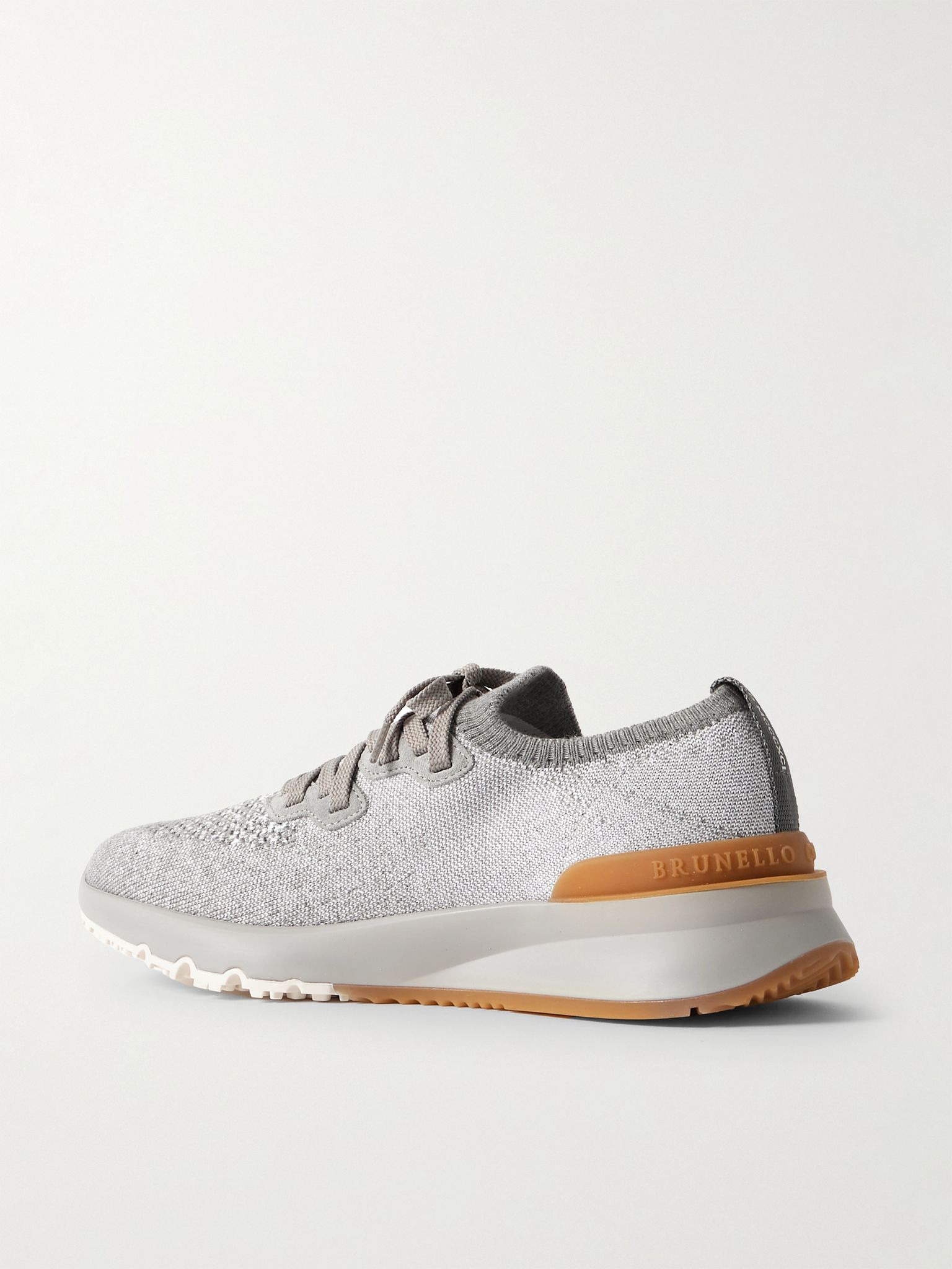 Suede-Trimmed Stretch-Knit Sneakers Light gray - 4