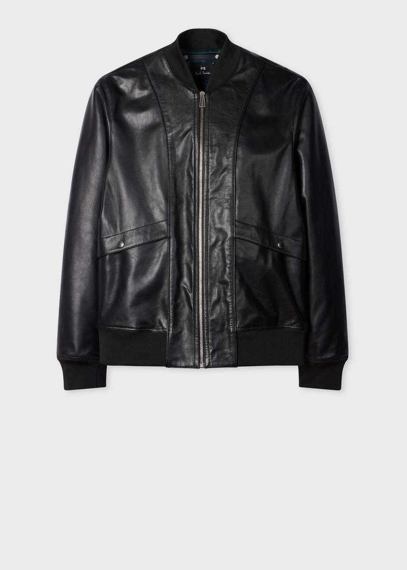Black Leather Zip-Front Bomber Jacket 1