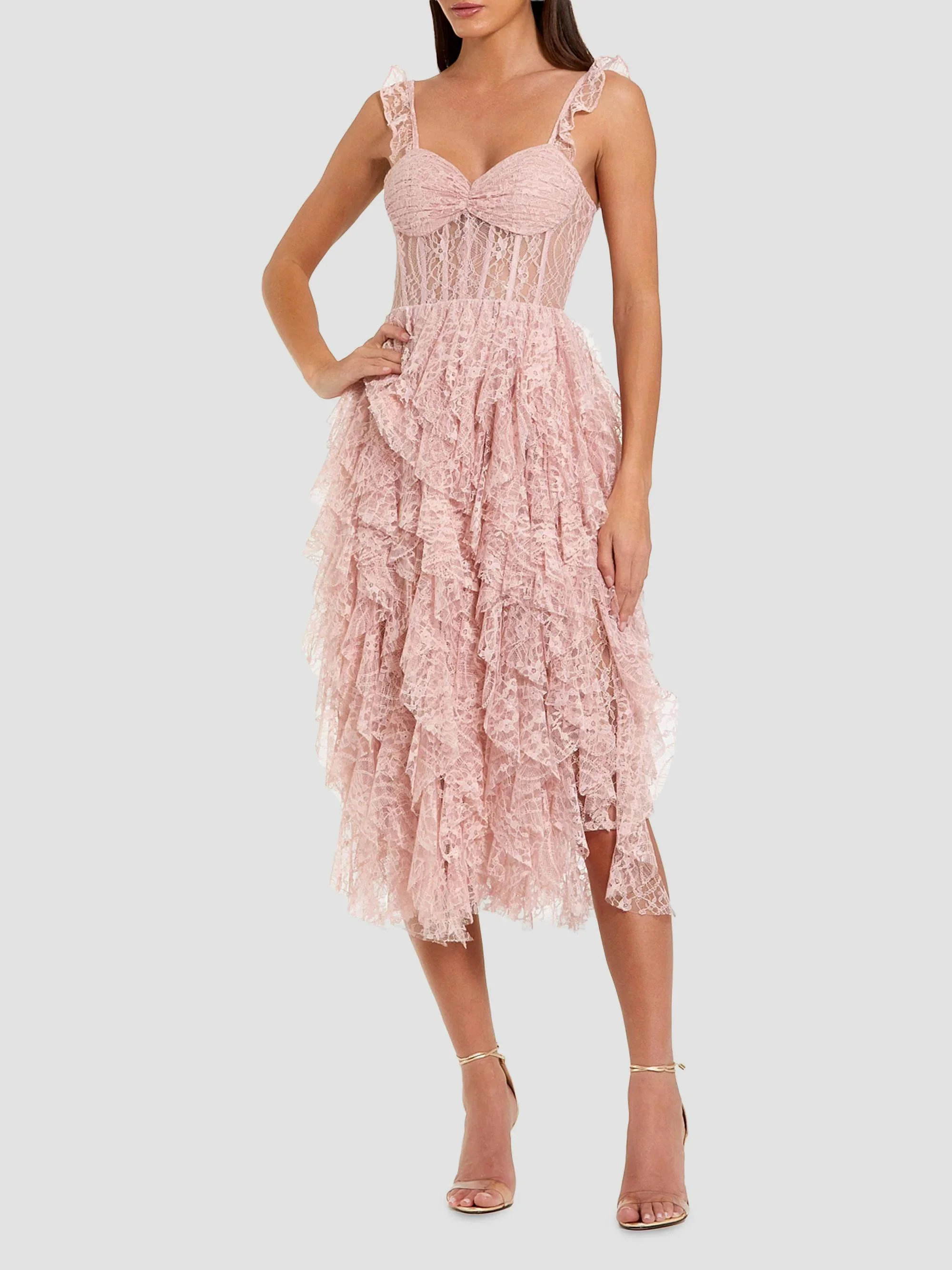 Women's Lace Ruffled A-Line Midi-Dress - Blush - 1