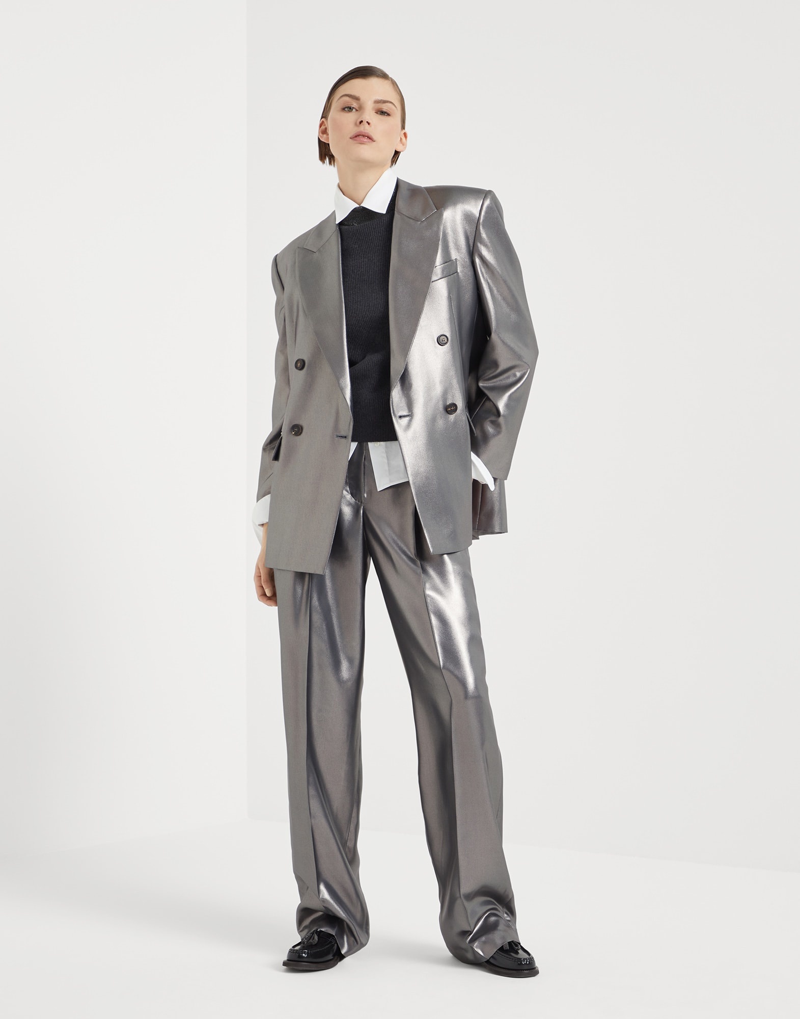 Lamé silk twill blazer with monili - 5
