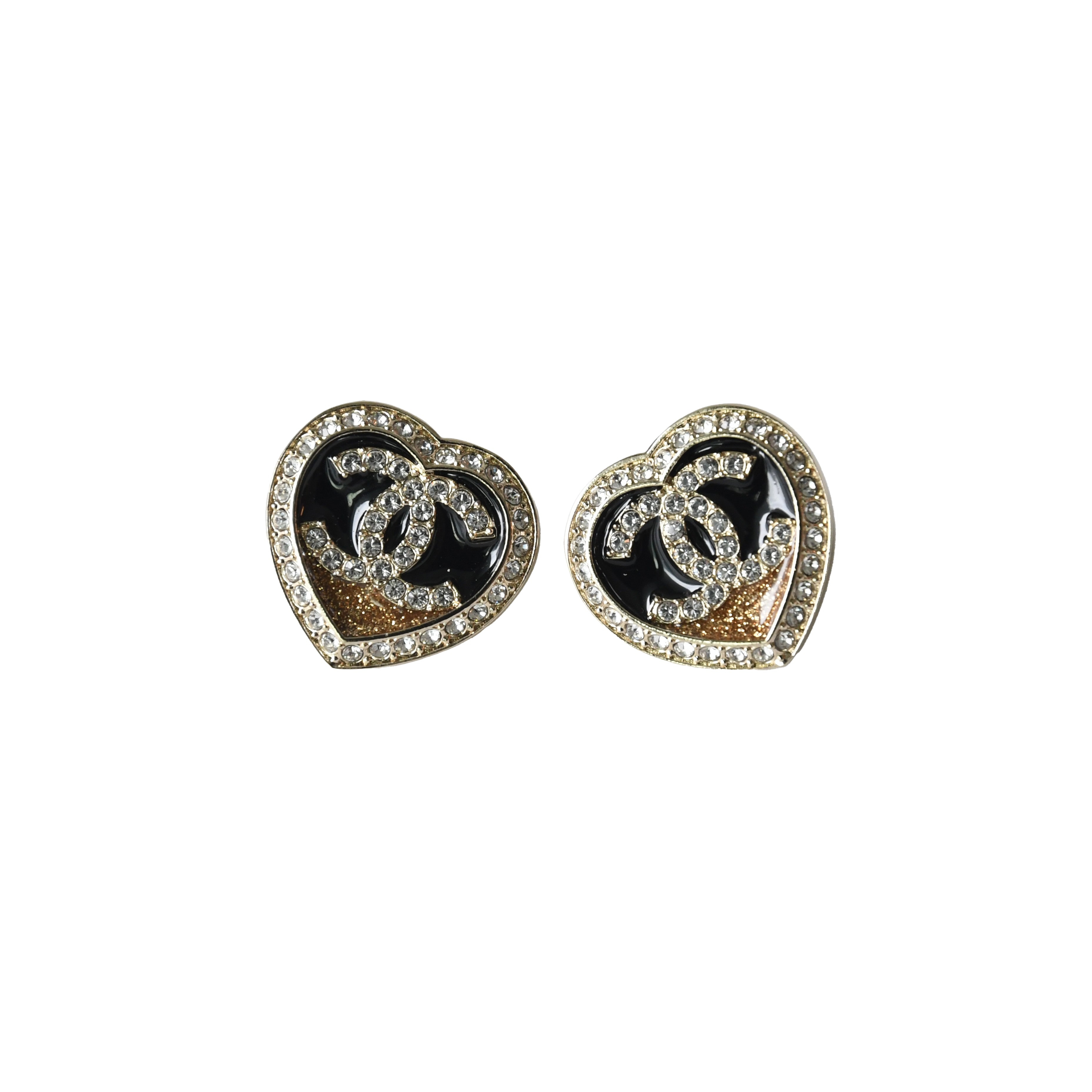 Chanel 23B CC Crystal Strass Resin Heart Stud Earrings Black Gold - 2