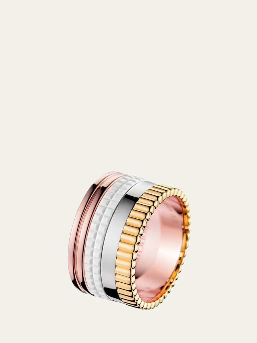 Quatre Large Ring in Tricolor Gold and White Ceramic, Size 52 - 1