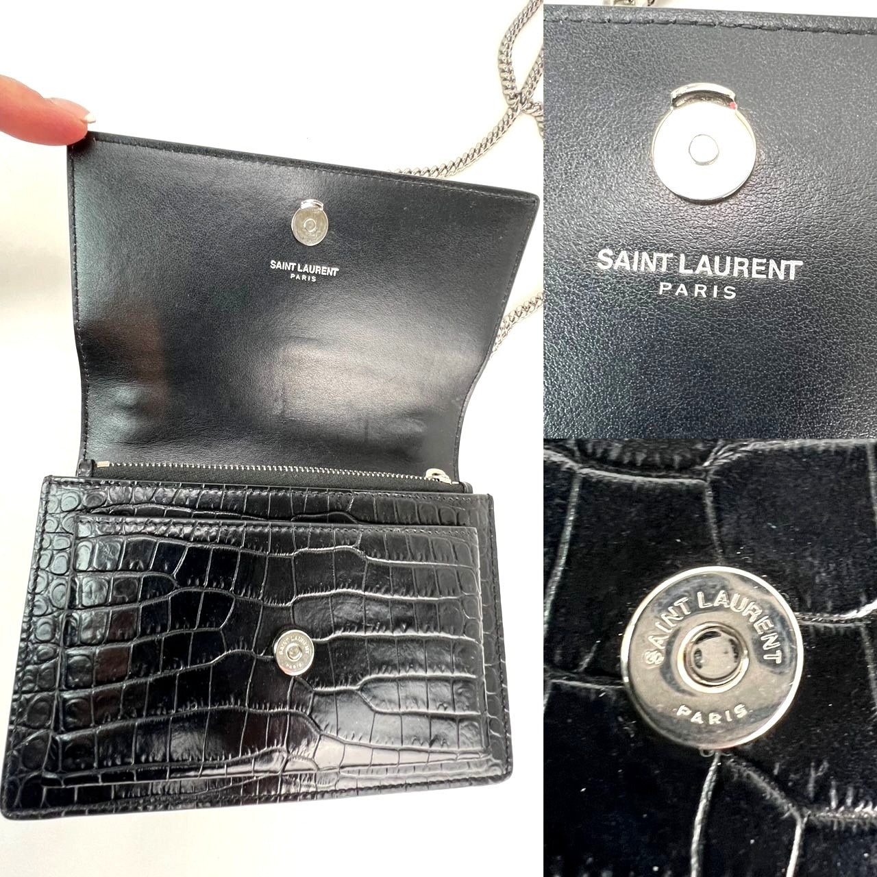 Saint Laurent Black Leather Sunset Wallet on a Chain Crocodile Embossed Bag - 3