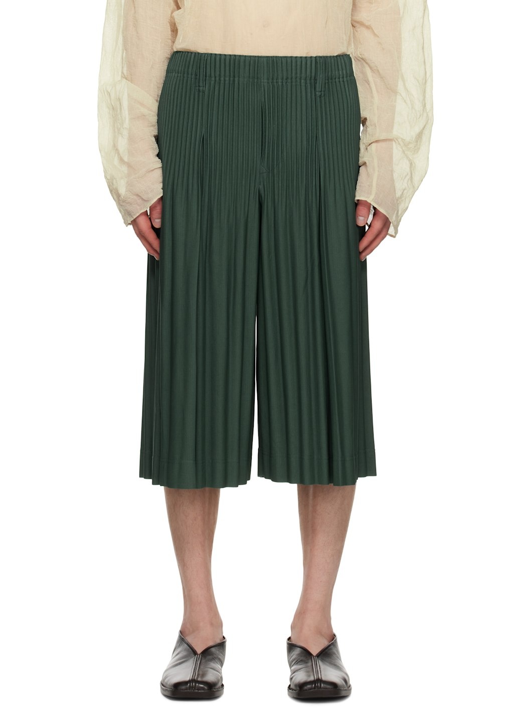 Green Tailored Pleats 1 Shorts - 1