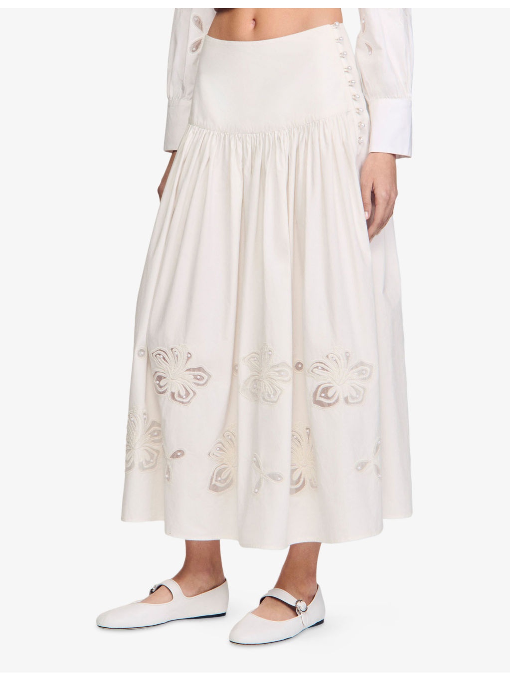 Mid-Rise Lace-Insert Cotton Maxi Skirt - 3