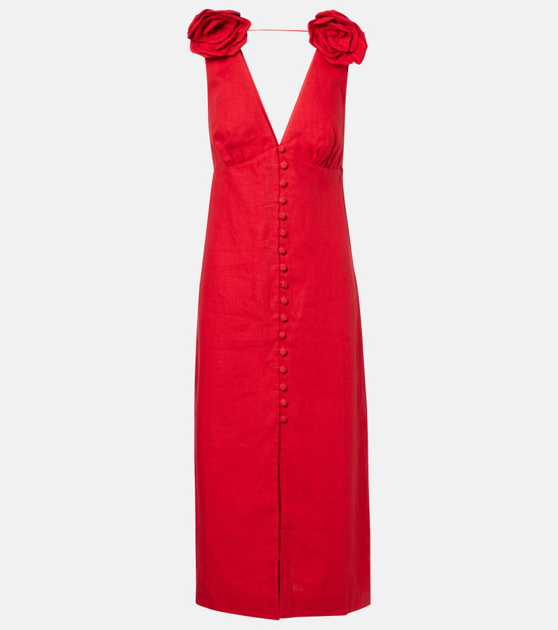 Floral-appliqué linen midi dress 1