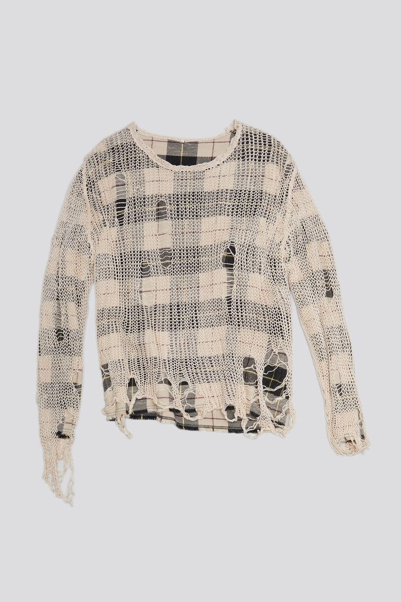 RELAXED OVERLAY CREWNECK - CREAM AND BLACK PLAID 1