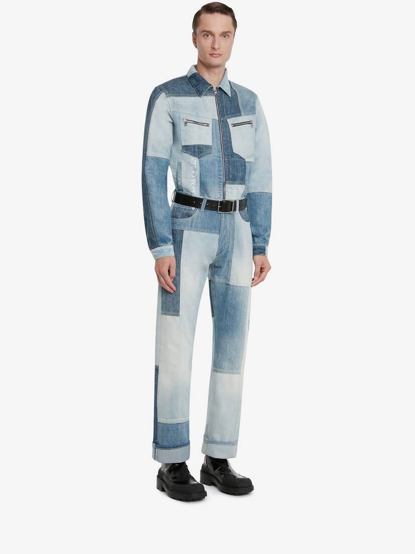 Men's Patchwork Denim Jacket in Washed Blue - 3