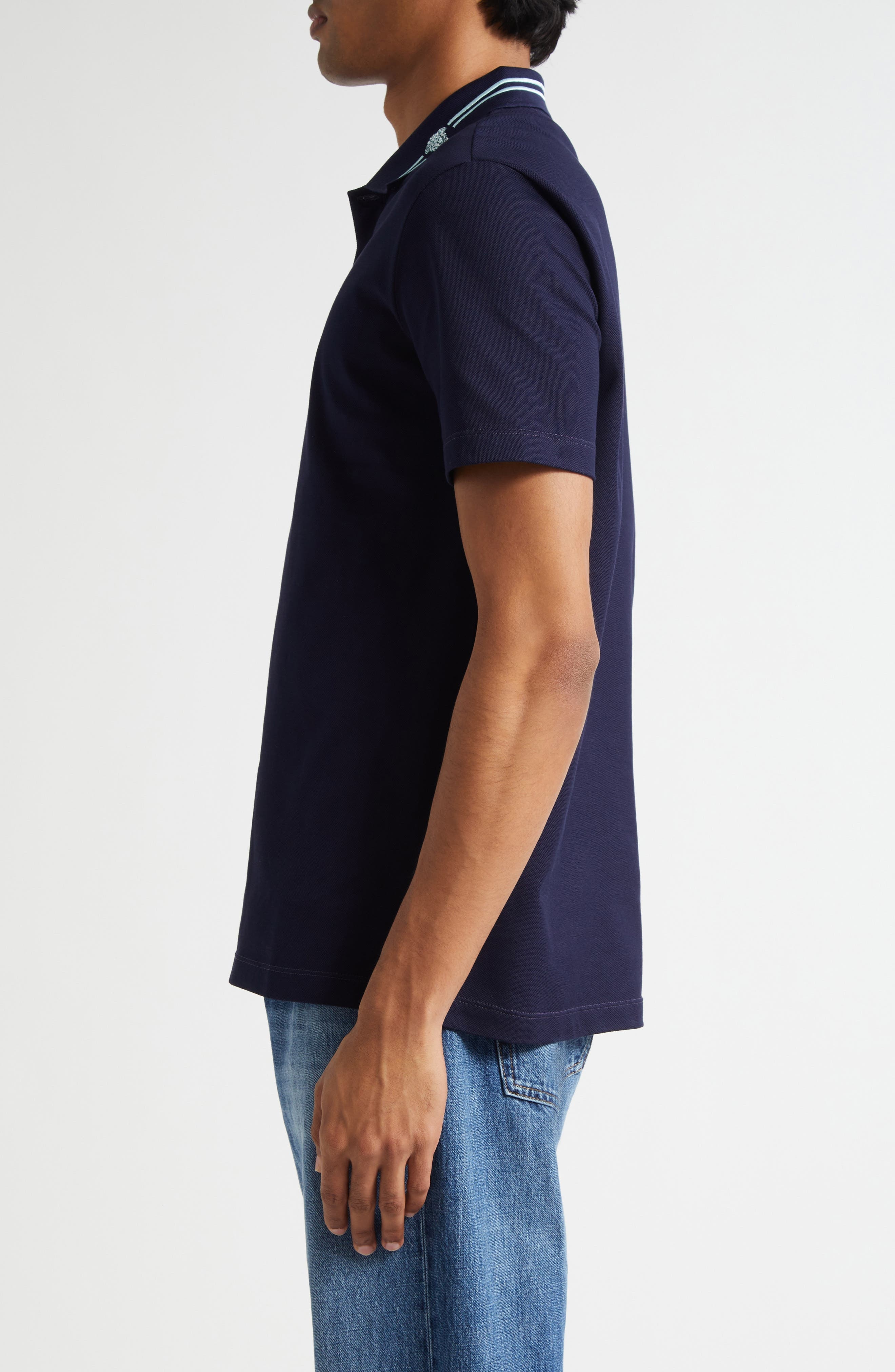 Versace Stripe Collar Cotton Piqué Polo in Navy Blue at Nordstrom - 3