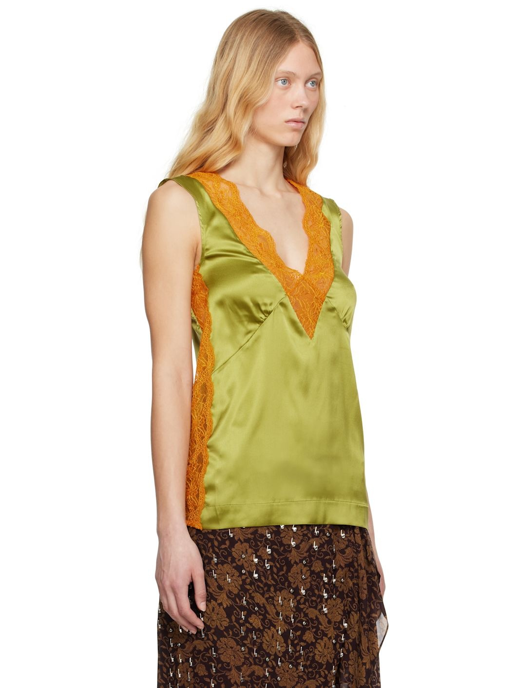 Khaki & Orange Silk Lace Tank Top - 2