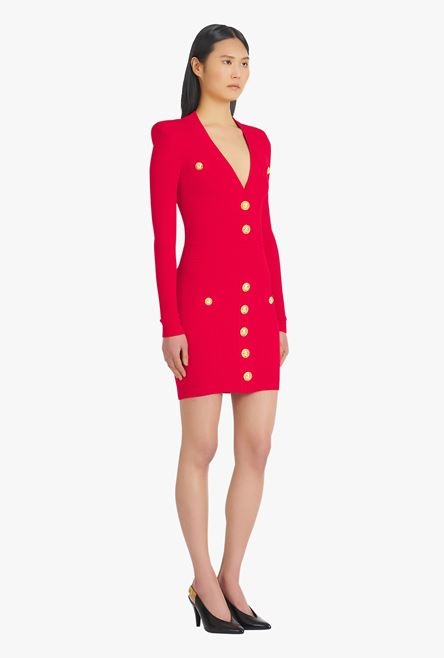 Short red knit dress with gold-tone buttons - 7