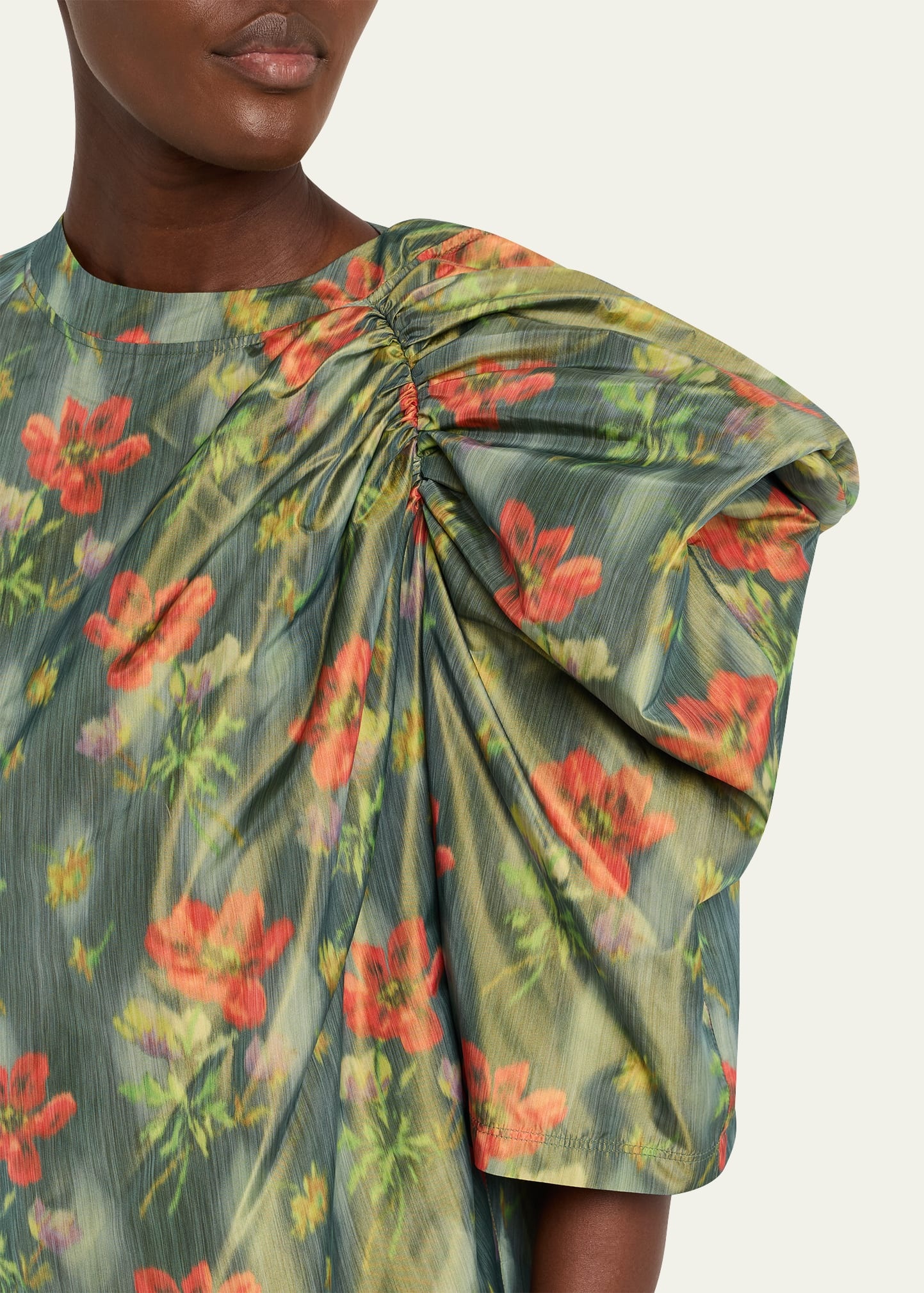 Floral Taffeta Asymmetric Puff Shoulder Top - 5