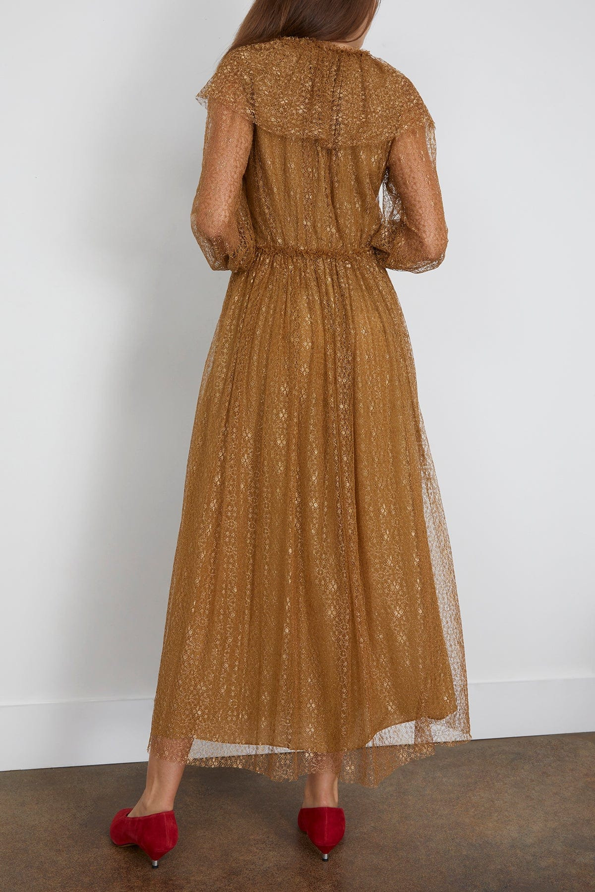 Helena Ruffle Neckline Long Sleeve Dress in Burnish - 4