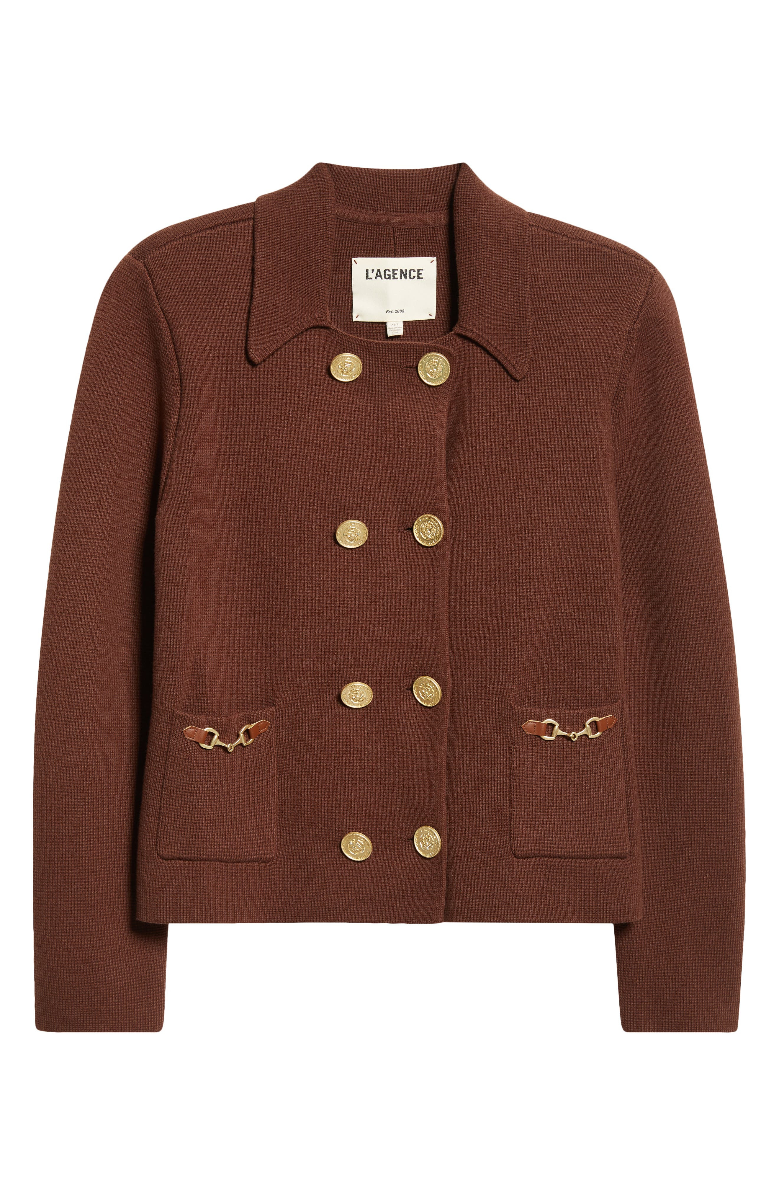 L'AGENCE Madilyn Double Breasted Knit Jacket in Chocolate/Gold at Nordstrom - 7