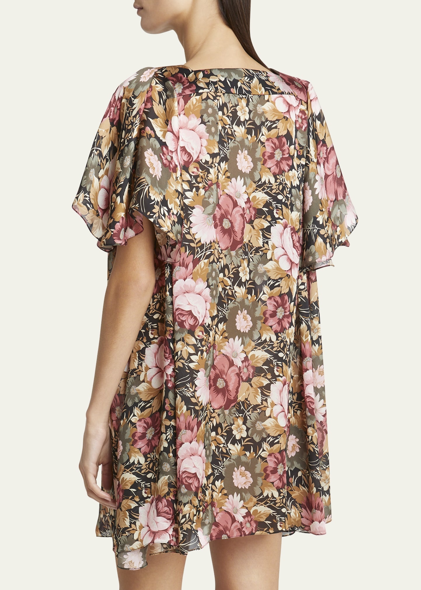 Rose Print Pleated Mini Silk Dress - 3