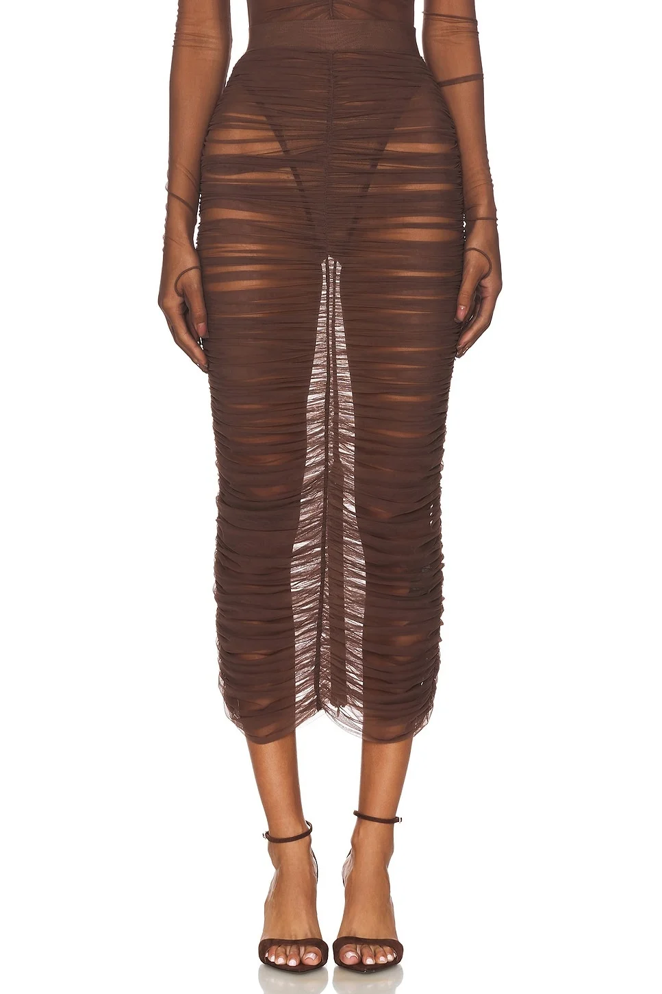 Ruched Mesh Midi Skirt - 1