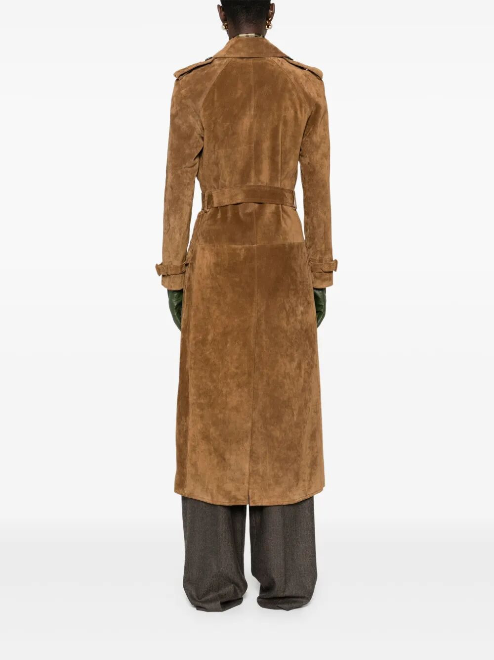 Long Double-Breasted Suede Trench Coat - 5