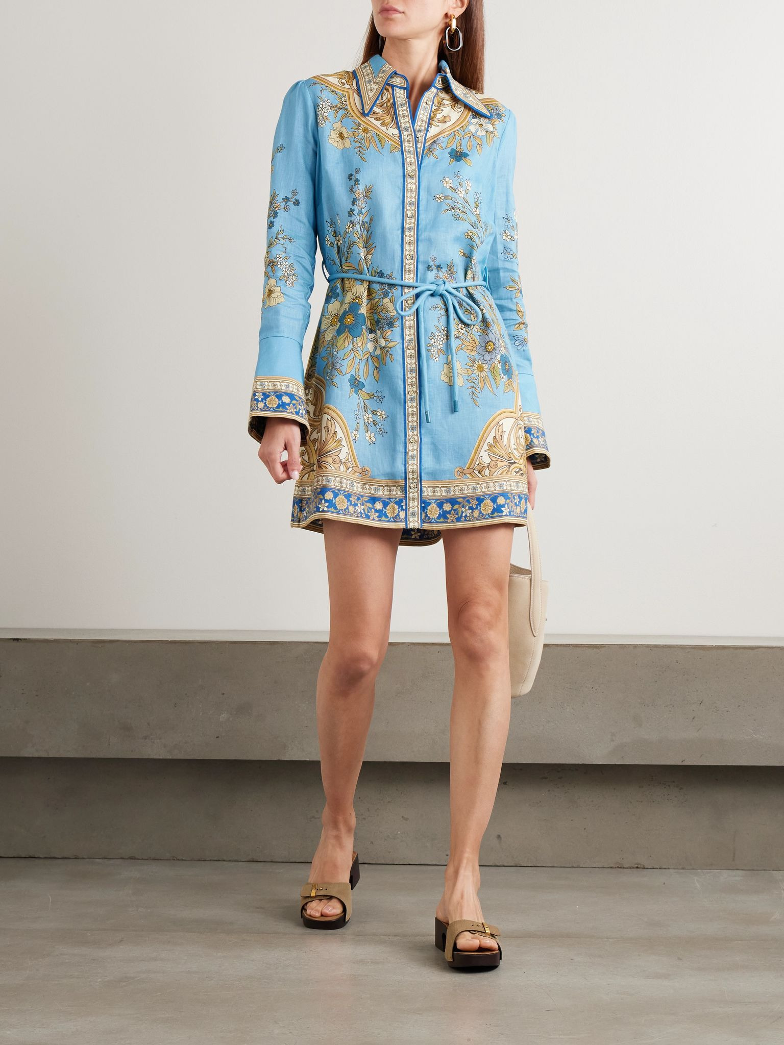 Cassie belted printed linen mini dress Blue - 2