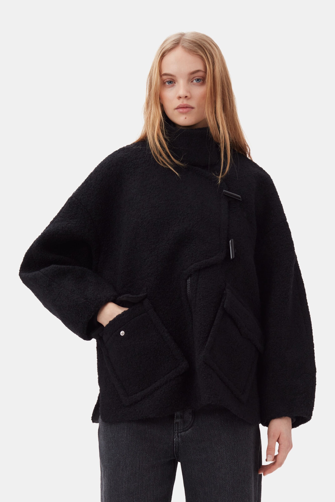 BLACK BOUCLE WOOL SHOULDER JACKET - 2