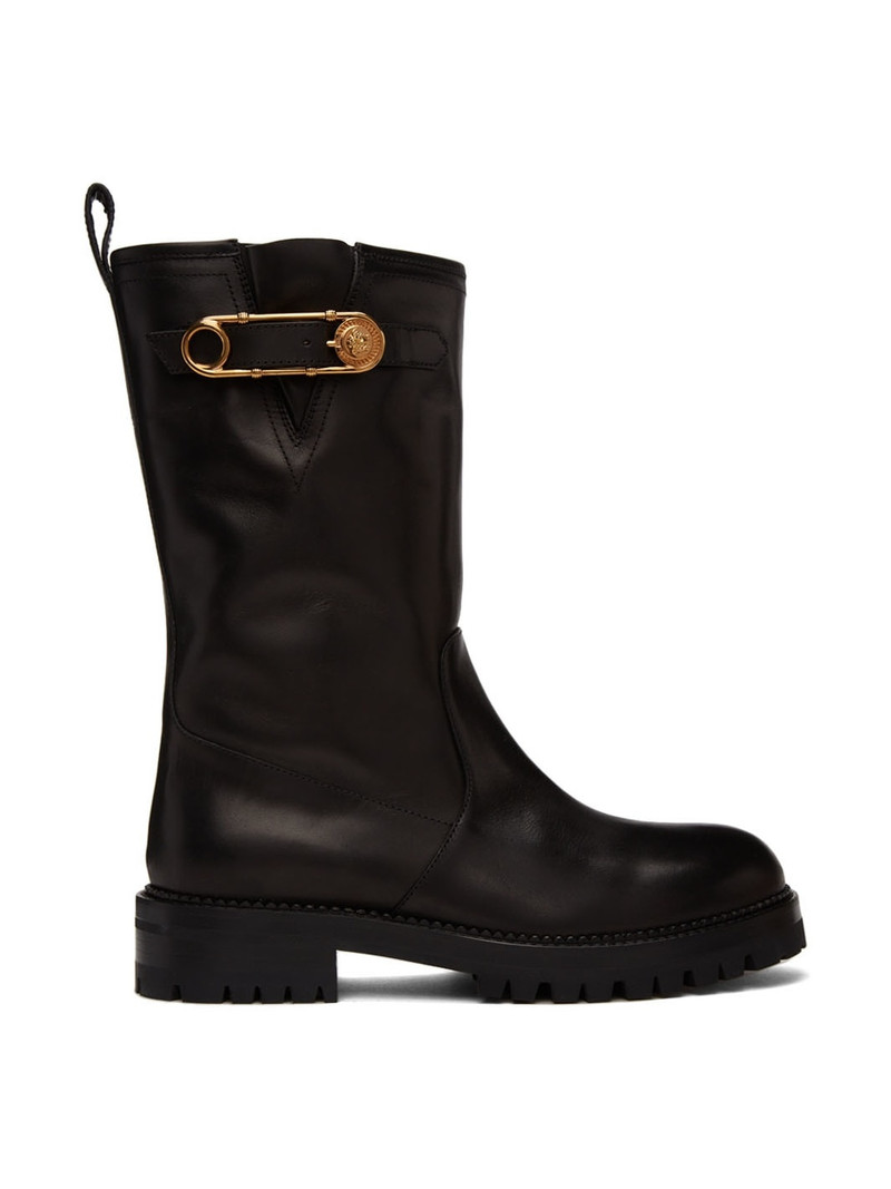 Black Safety Pin Mid-Calf Boots - 1