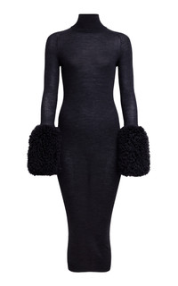 Alaïa Shearling-Trimmed Wool-Jersey Midi Dress black