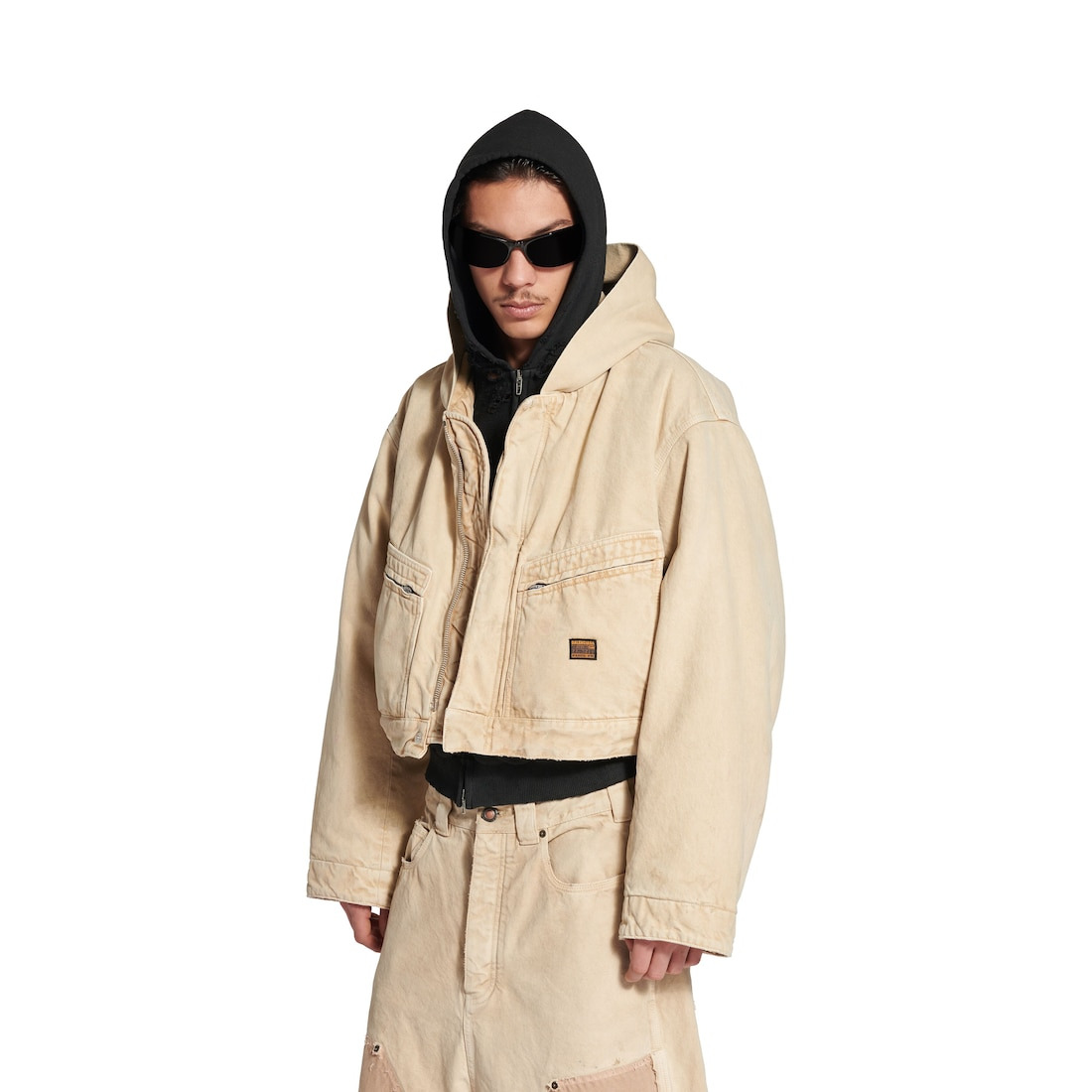 Men's Cropped Hooded Workwear Jacket in Beige - 5