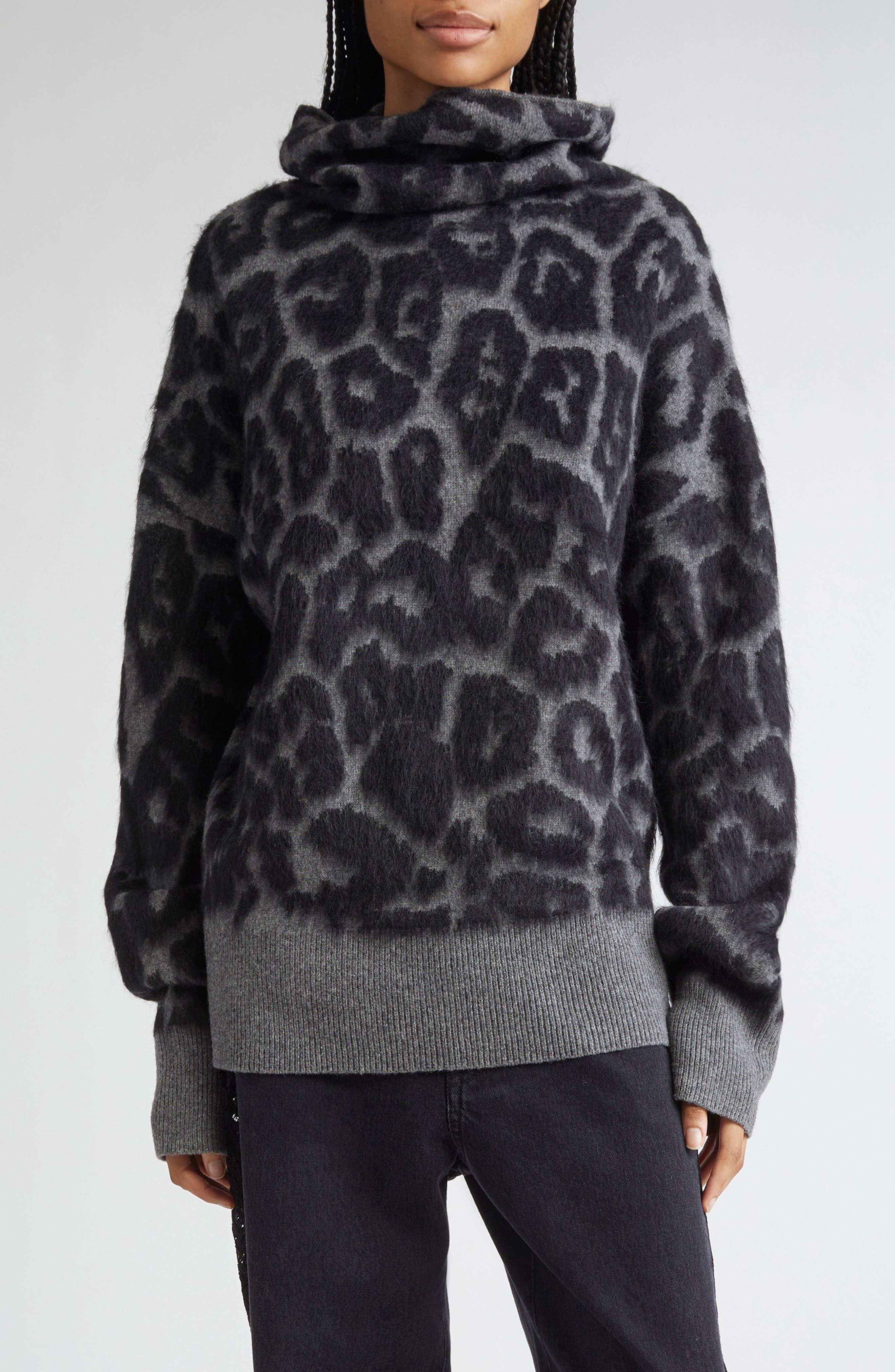 Stella McCartney Leopard Jacquard Virgin Wool Funnel Neck Sweater in 1010 - 1