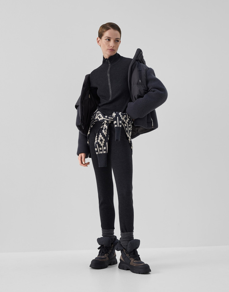 Virgin wool and cashmere lightweight rib knit jumpsuit with precious half zip 5