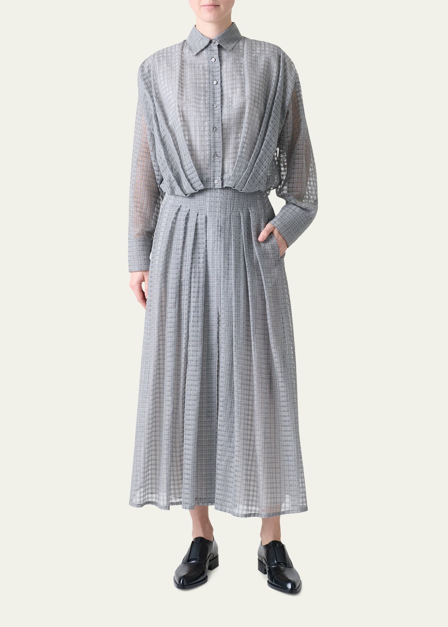 Plaid Cotton Voile Blouse with Pleated Waist - 2
