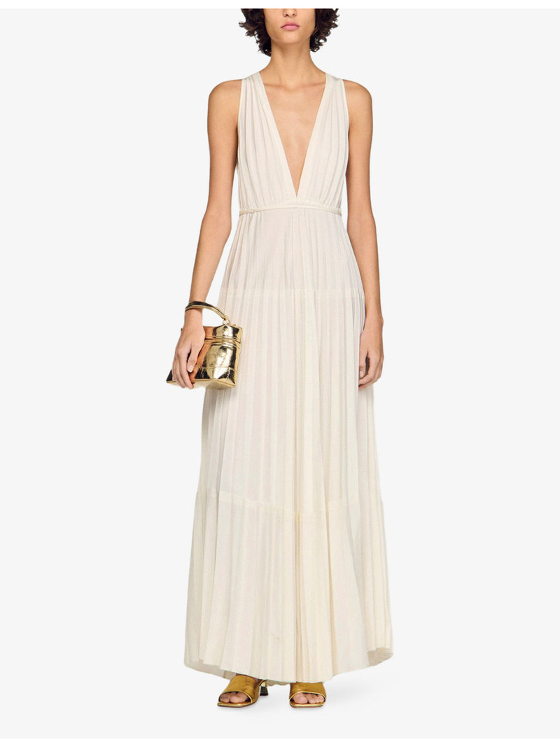Sandro Pleated V-Neck Woven Maxi Dress outlook