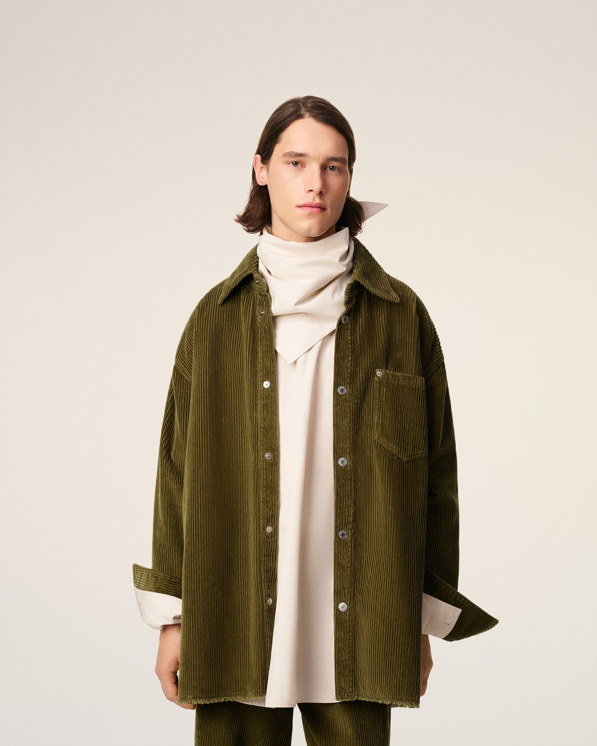 GREEN COTTON CORDUROY SIDE SLIT OVERSHIRT - 3
