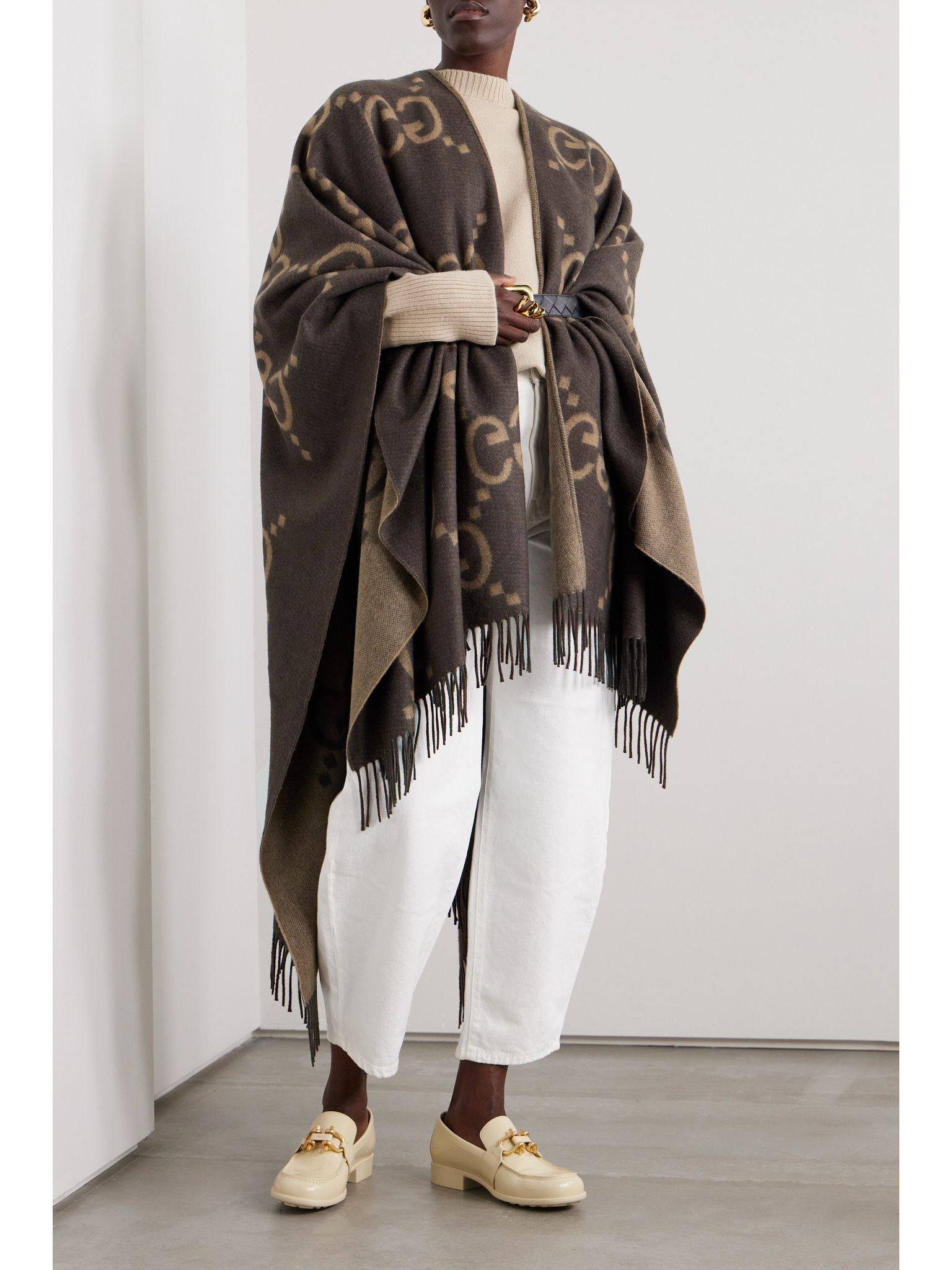 Reversible fringed jacquard-knit cashmere wrap Brown - 5