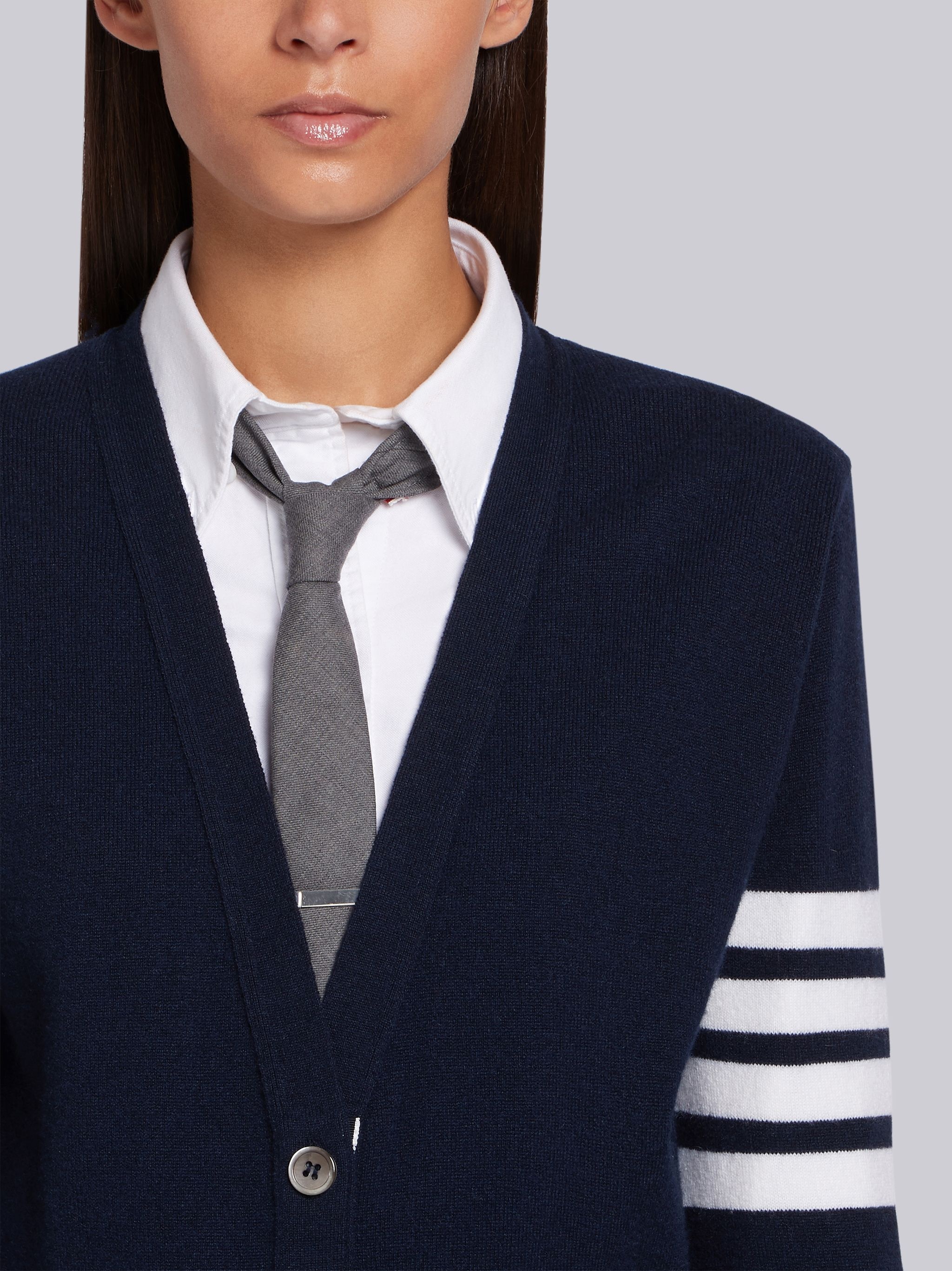 Navy Cashmere 4-bar V-neck Cardigan - 4