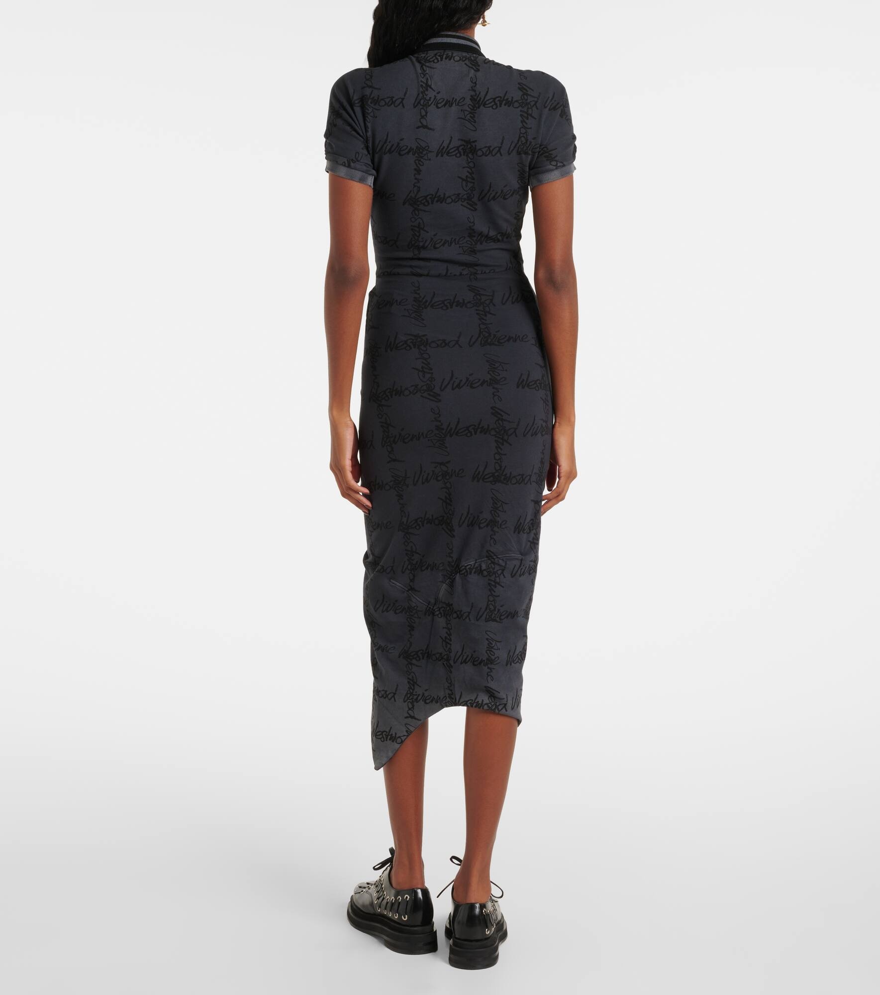 Pulling gathered cotton piqué midi dress - 3