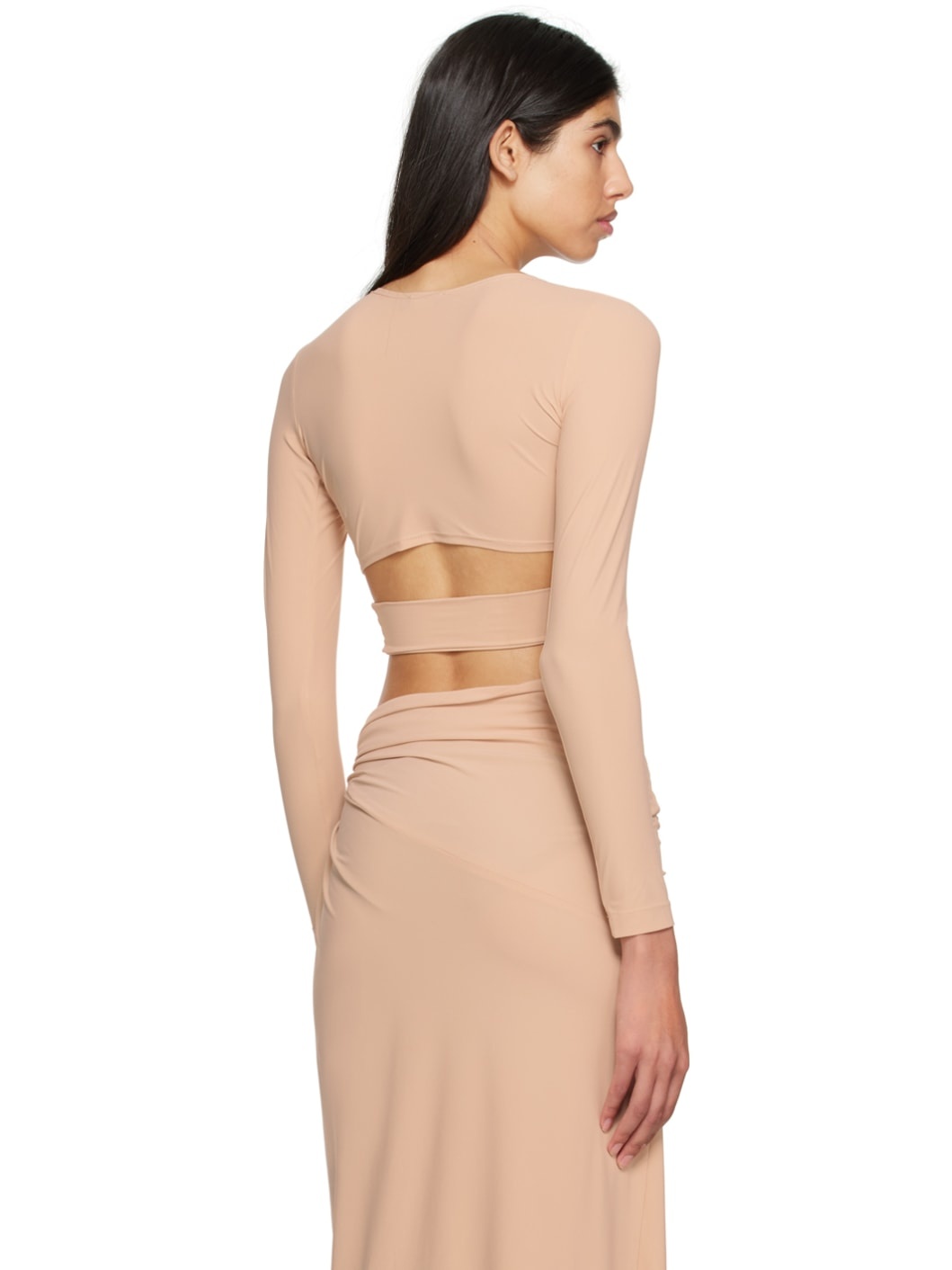 Beige Plunging Long Sleeve T-Shirt - 3