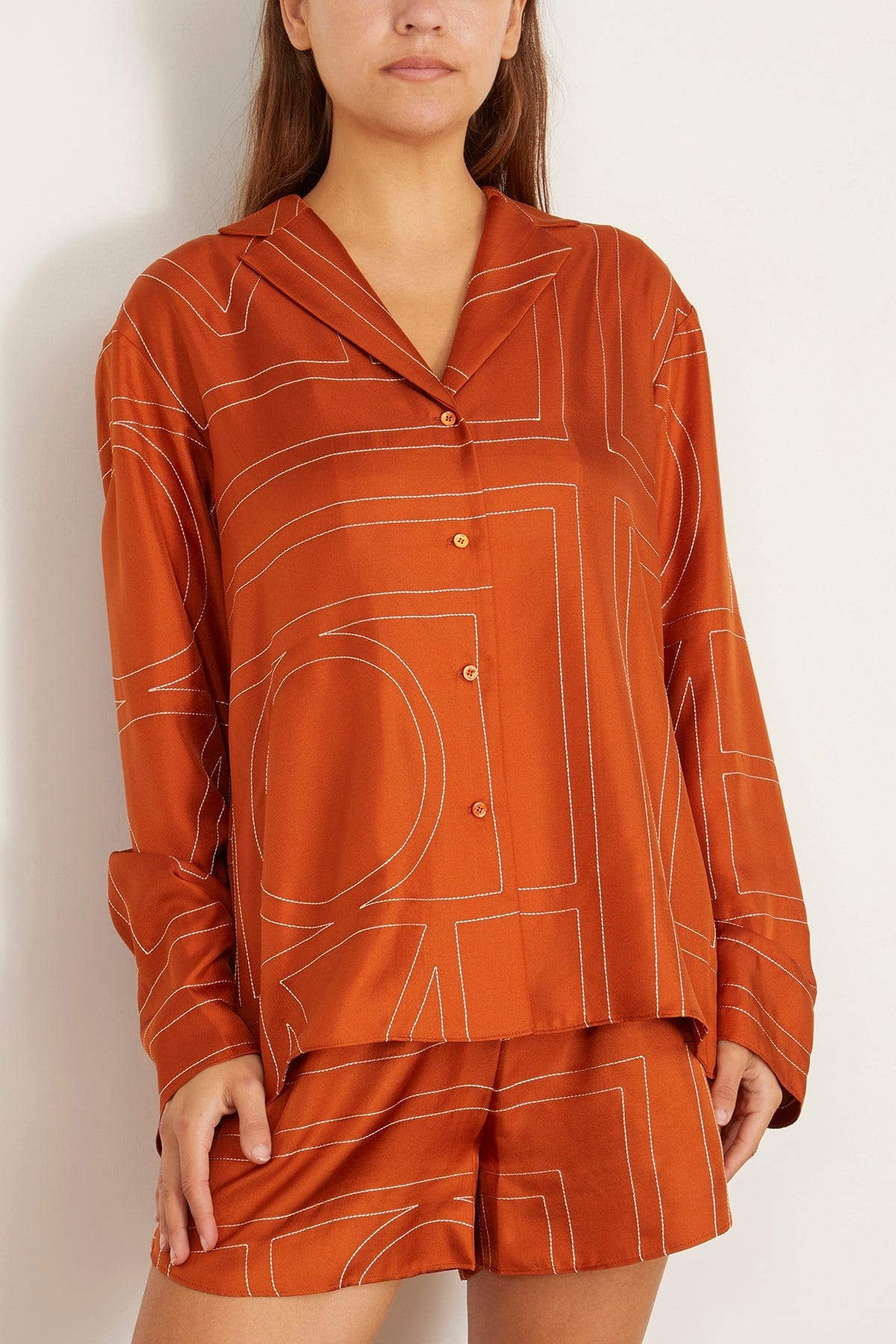 Monogram Silk PJ Top in Terracotta - 3