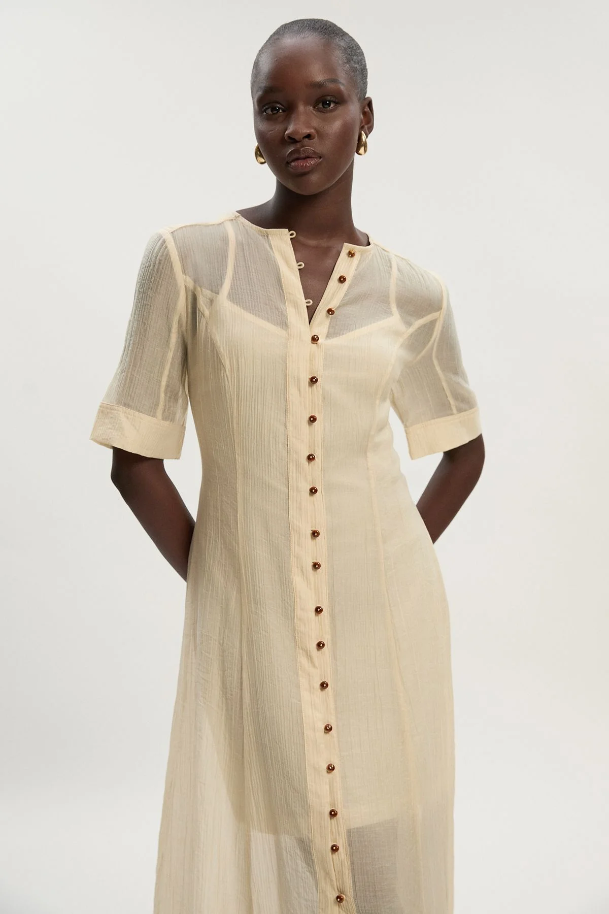 Crinkle Georgette Button Detail Woven Maxi Dress - 1