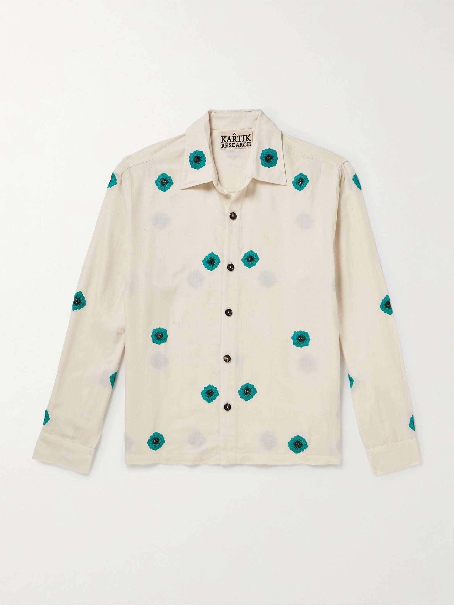 Camp-Collar Embellished Embroidered Cotton-Jacquard Shirt - 1