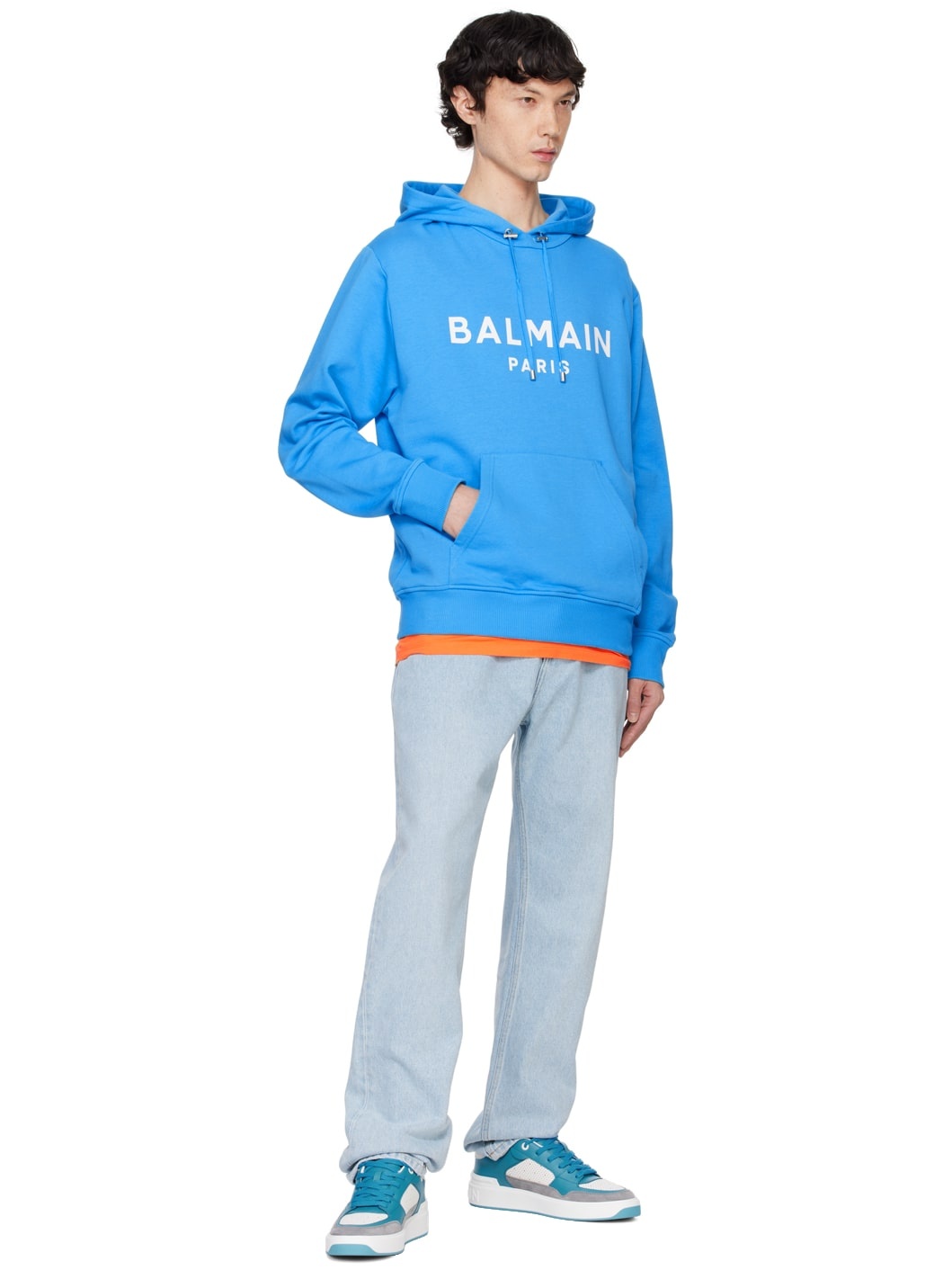 Blue Printed 'Balmain Paris' Hoodie - 4