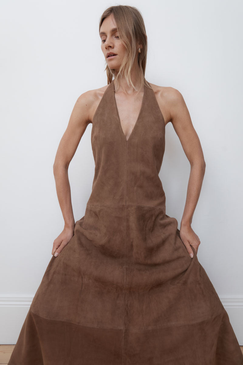 Suede Halter Plunge Dress - Toffee - 9