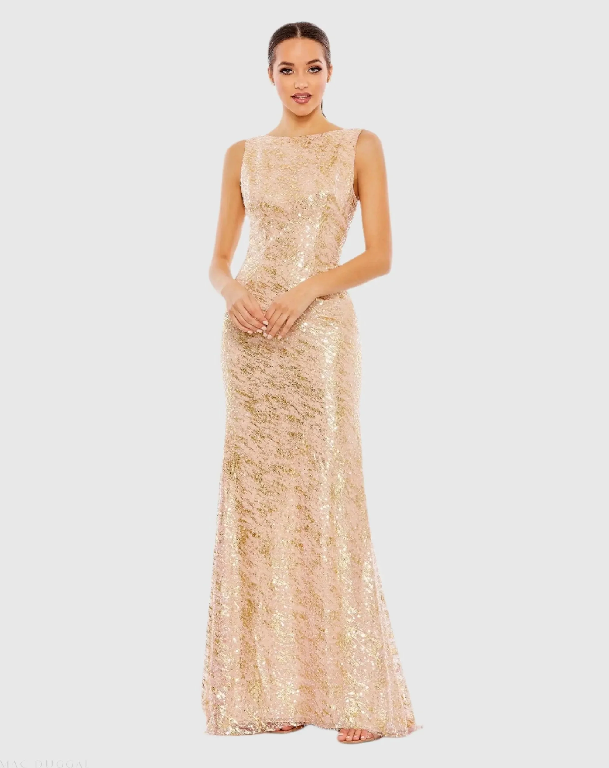 Pink Metallic Sequin Boat Neck Gown With Cowl Back - 1