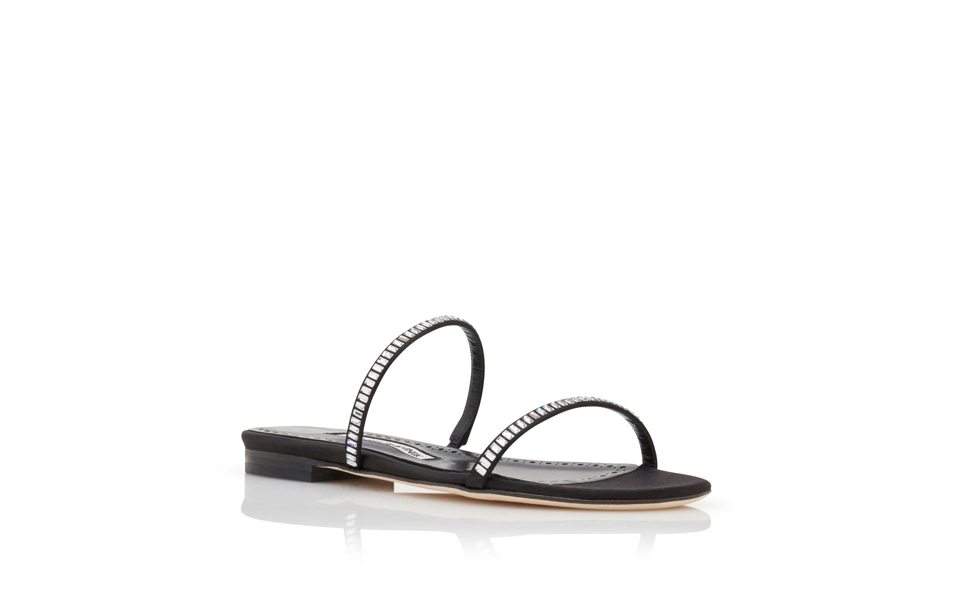 Black Satin Crystal Embellished Flat Sandals - 3