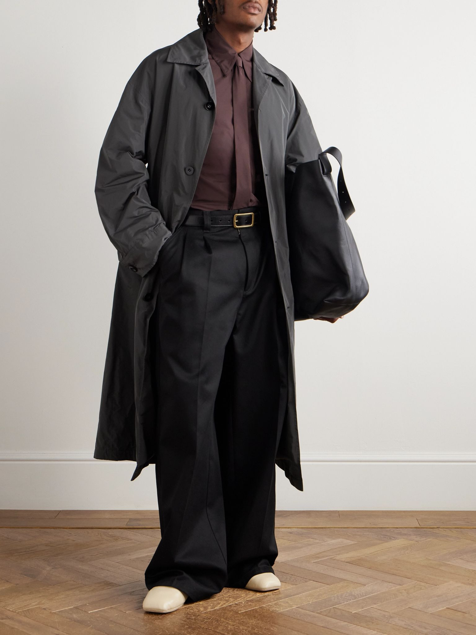 Slim-Fit Tie-Detailed Taffeta Shirt Brown - 2