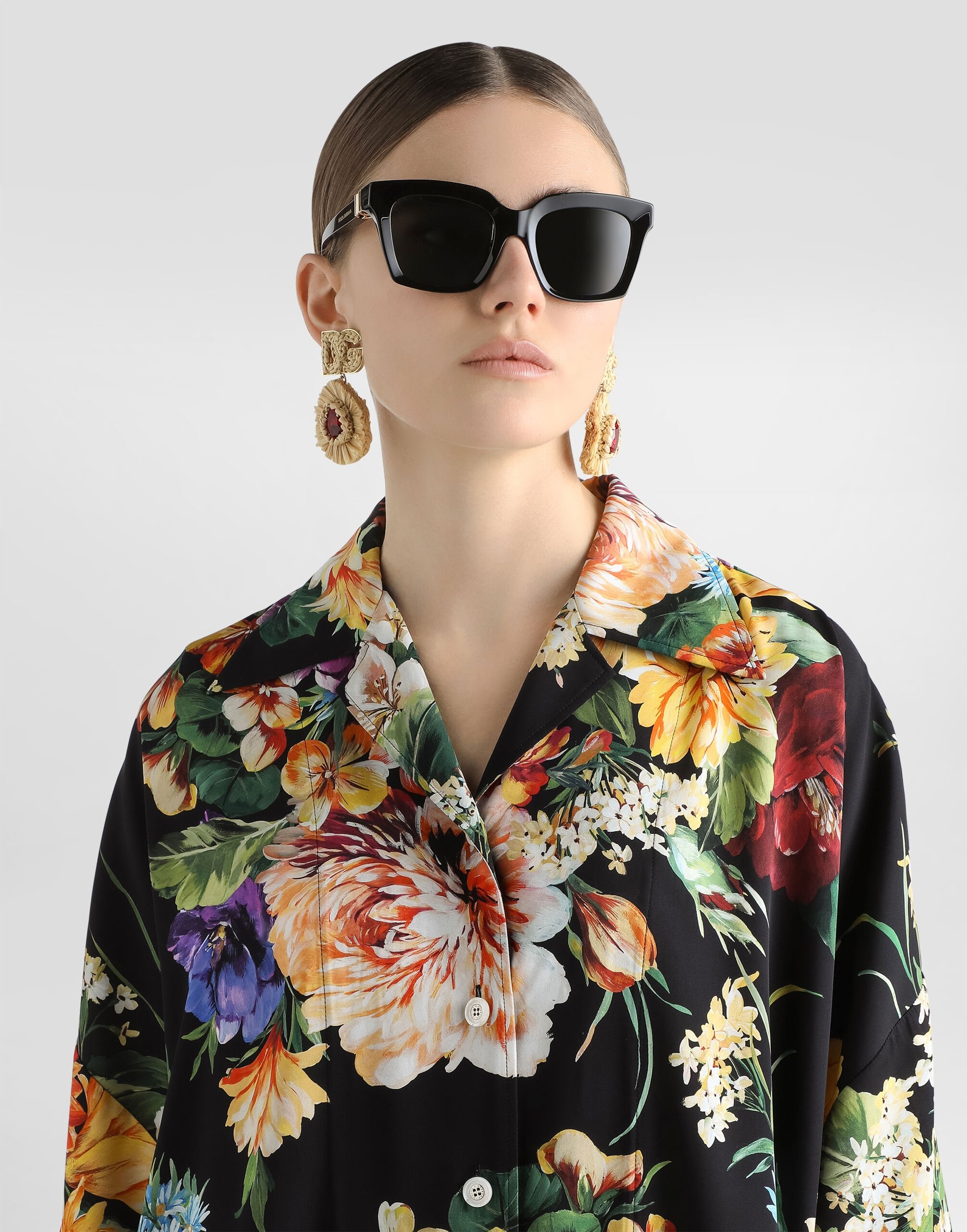 Flower bouquet-print charmeuse shirt - 4