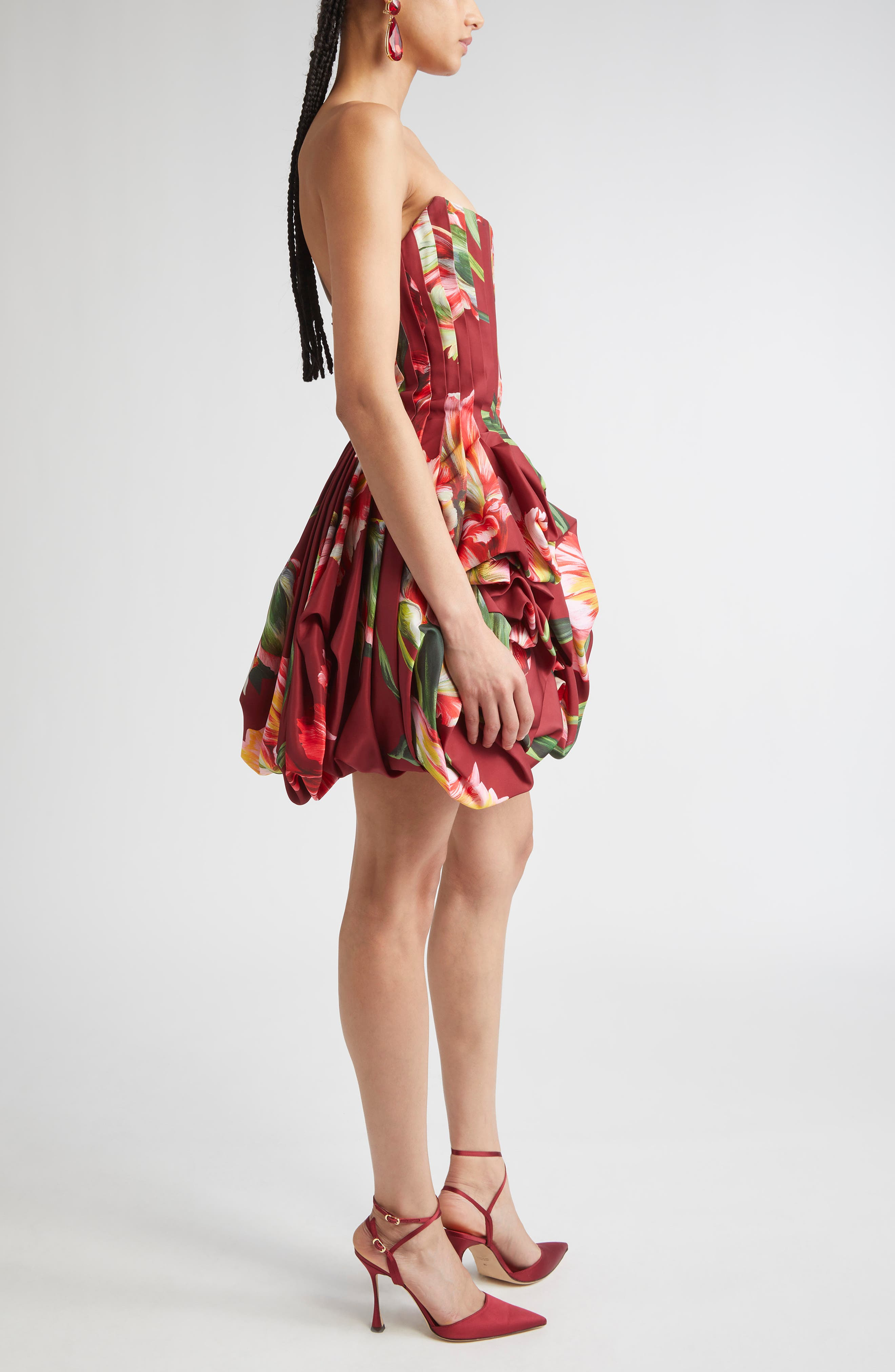 Carolina Herrera Tulip Print Pleated Draped Minidress in Garnet Multi at Nordstrom - 3