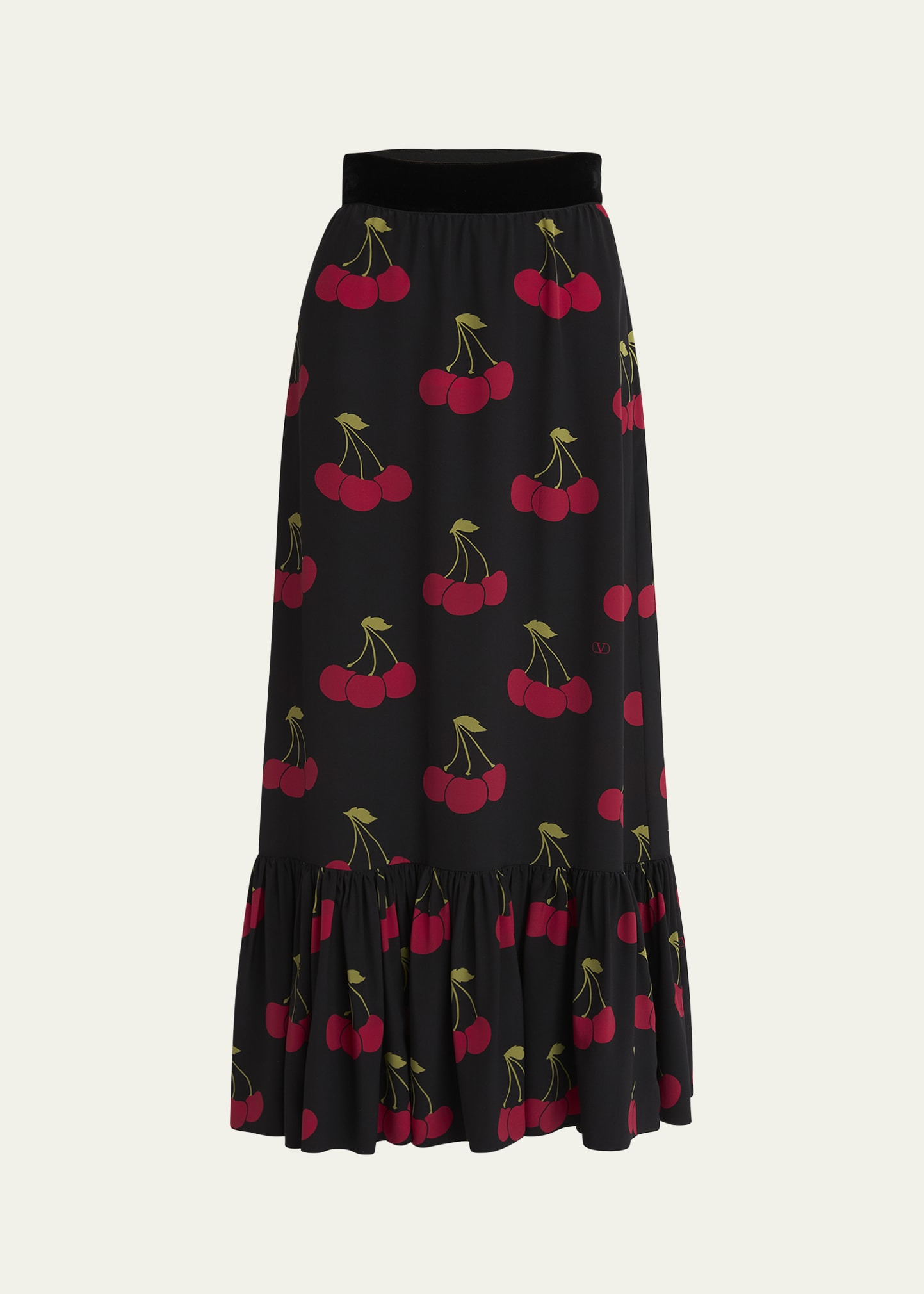 Cherry Print Flounce Silk Maxi Skirt - 1
