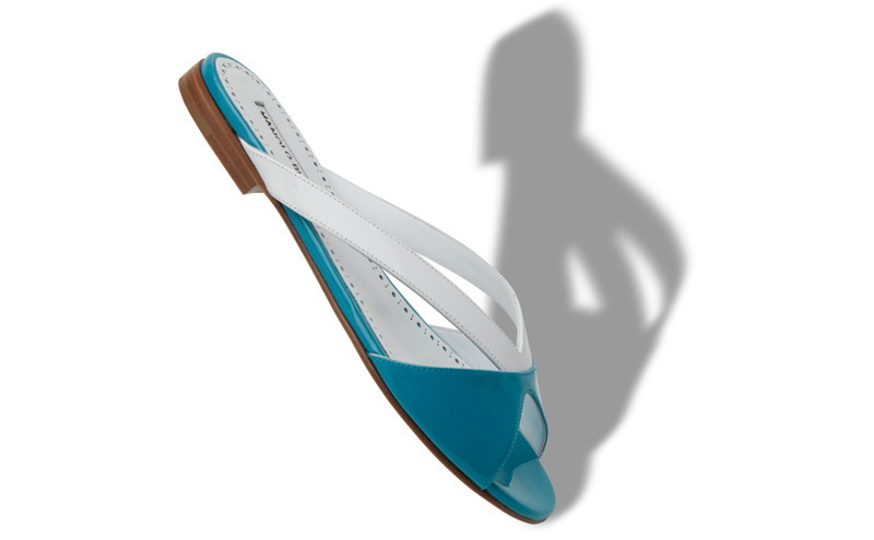 Manolo Blahnik Blue and White Patent Flat Sandals outlook