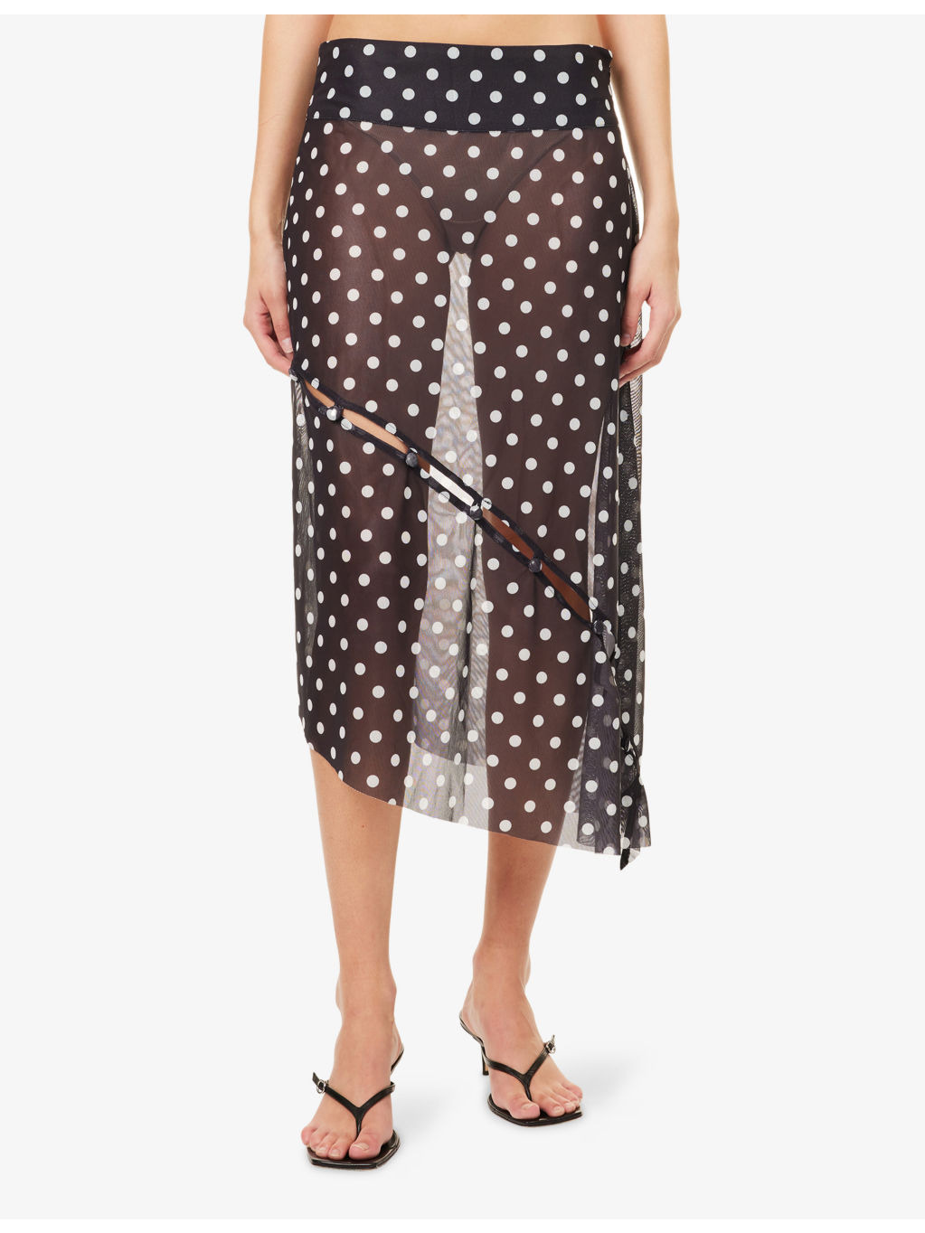 Polka-Dot Asymmetric Stretch-Woven Midi Skirt - 3