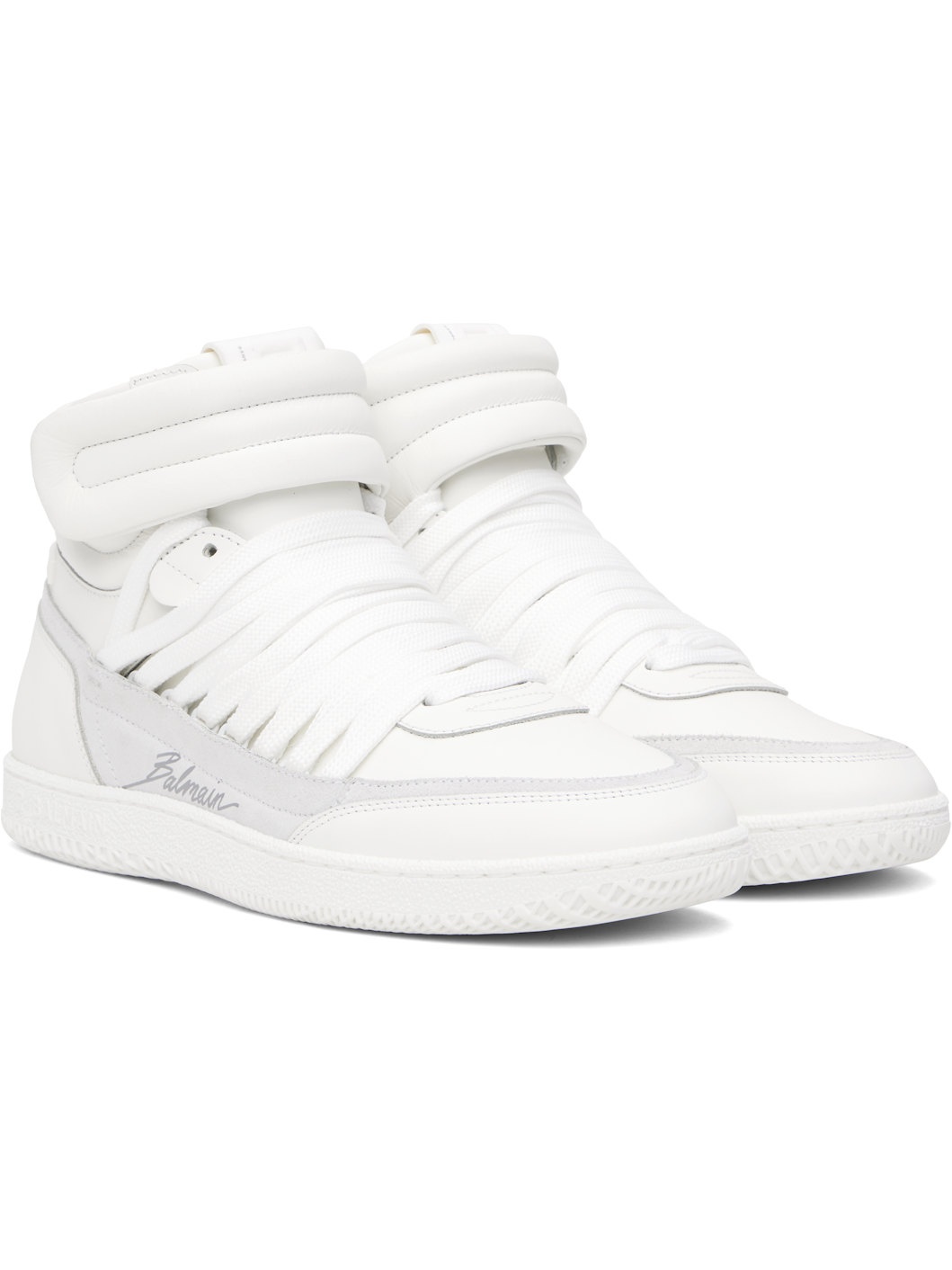 White Leather 'Balmain Swan' Mid-Top Lace-Up Sneakers - 4
